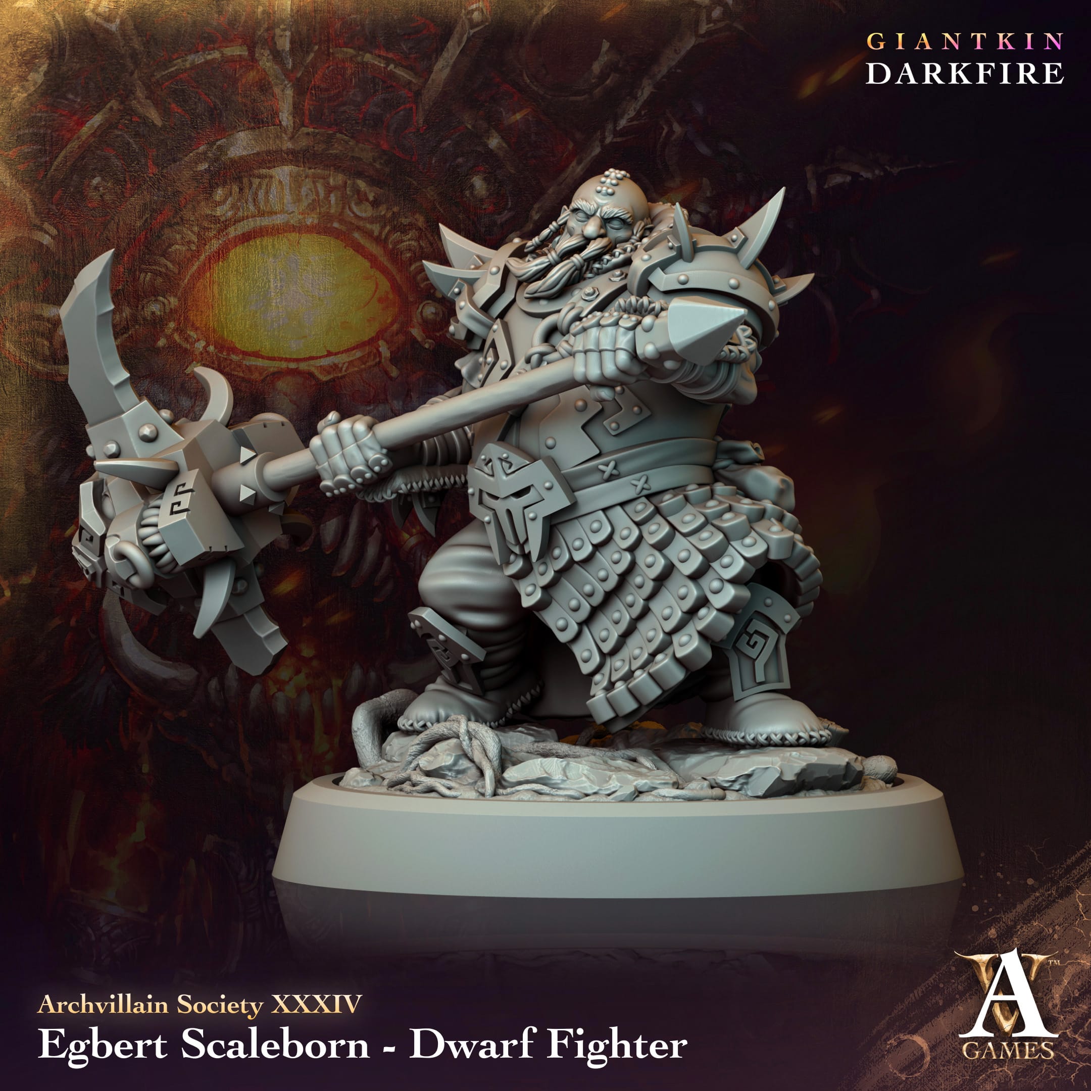 3D Printed Archvillain Games Egbert Scaleborn Dwarf Fighter Archvillain Society Vol. XXXIV 28 32mm D&D