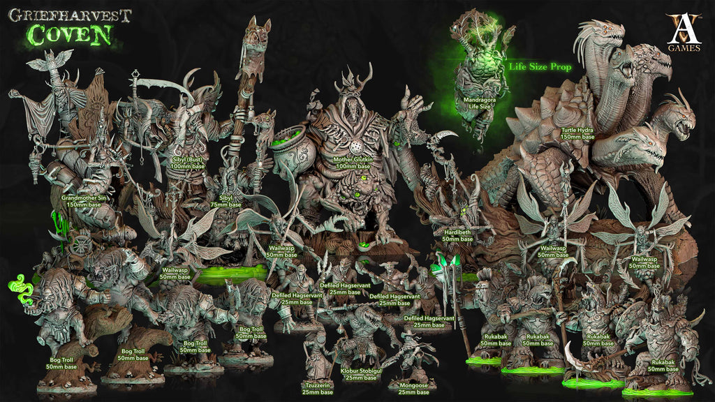 3D Printed Archvillain Games Griefharvest Coven - Turtle Hydra 28mm 32mm D&D