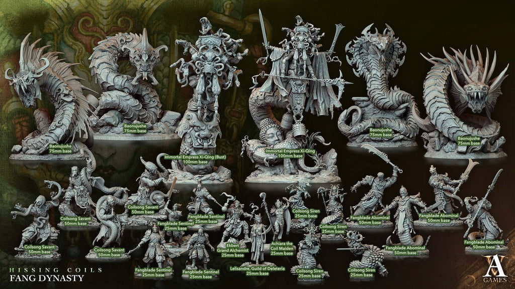 3D Printed Archvillain Games Hissing Coils - Fang Dynasty Coilsong Siren 28 32mm D&D