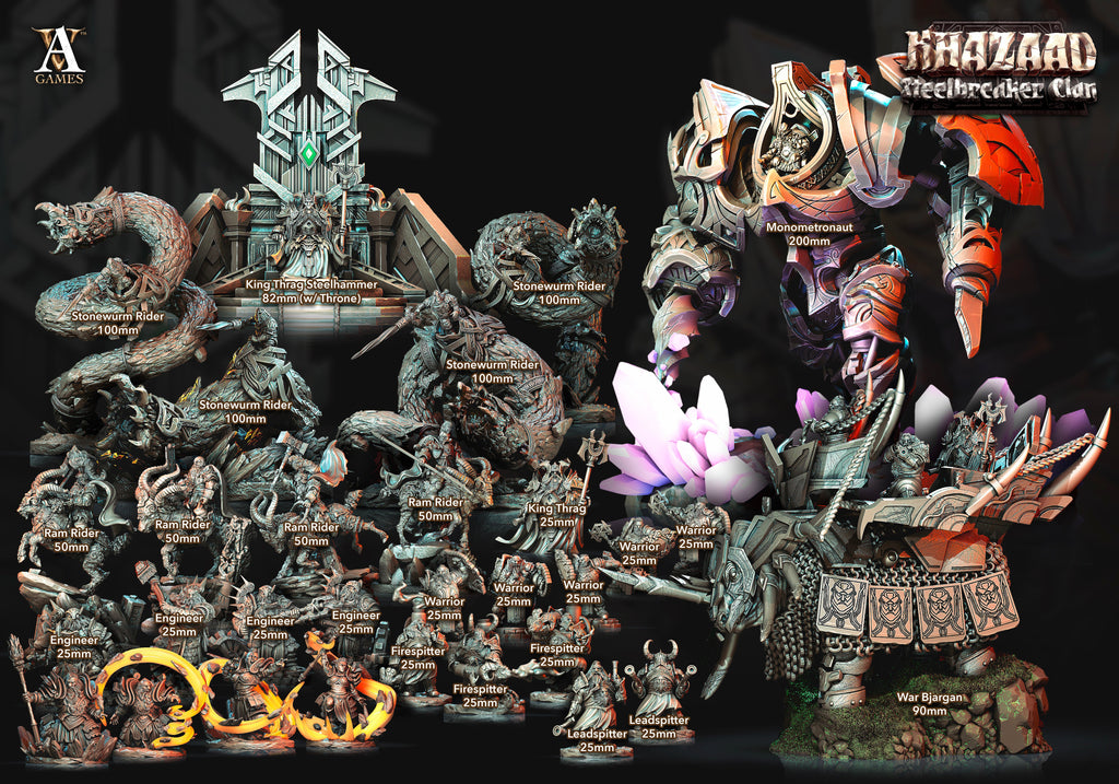 3D Printed Archvillain Games Khazaad Steelbreaker Clan - Steelbreaker Warriors Ram Riders 28mm 32mm D&D