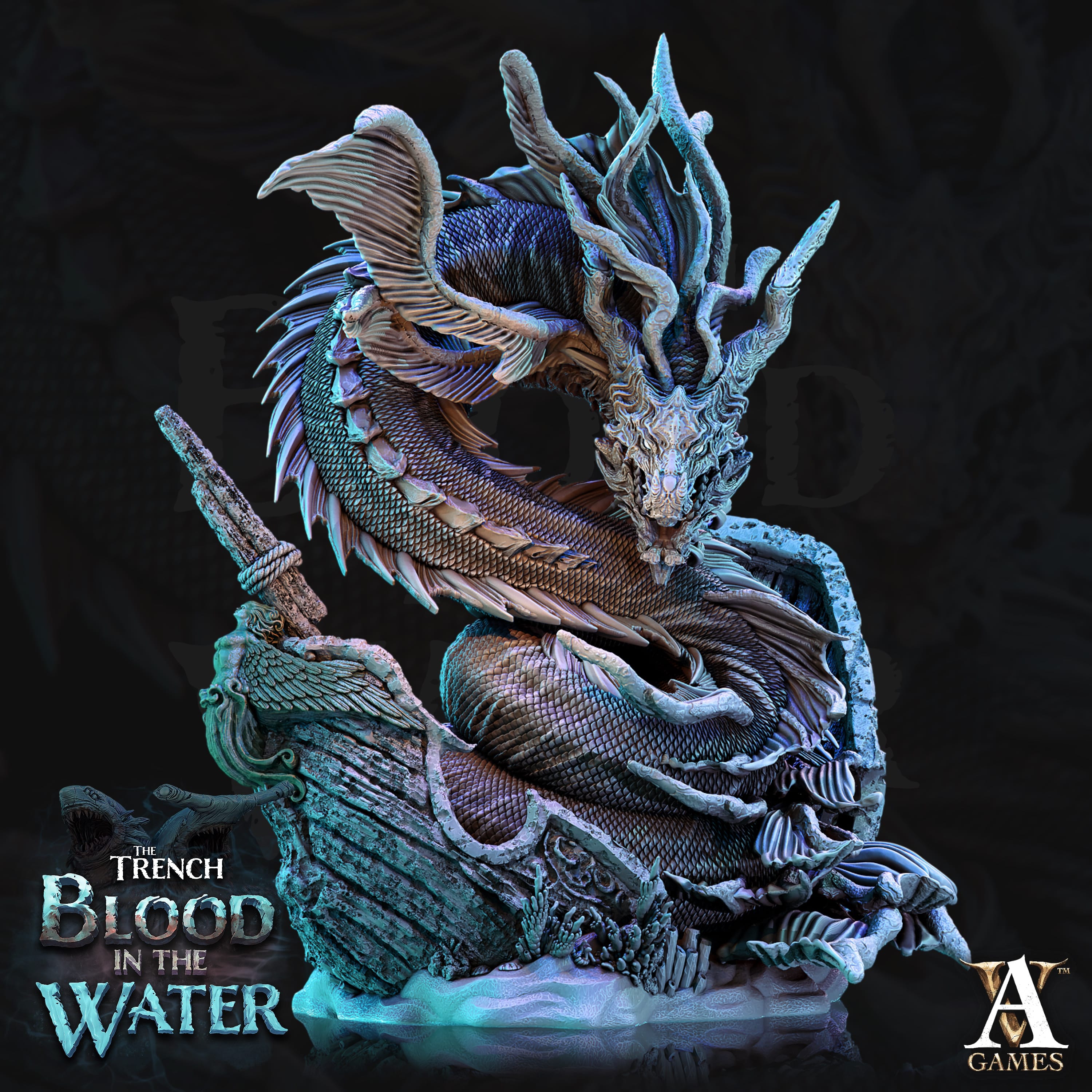 3D Printed Archvillain Games Vaiakvo Sea Dragon The Trench Blood In the Water 28 32mm D&D