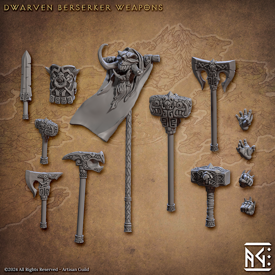 3D Printed Artisan Guild The Quest for Goldvein Dwarf Weapons Dwarf Berserkers Set 28mm 32mm