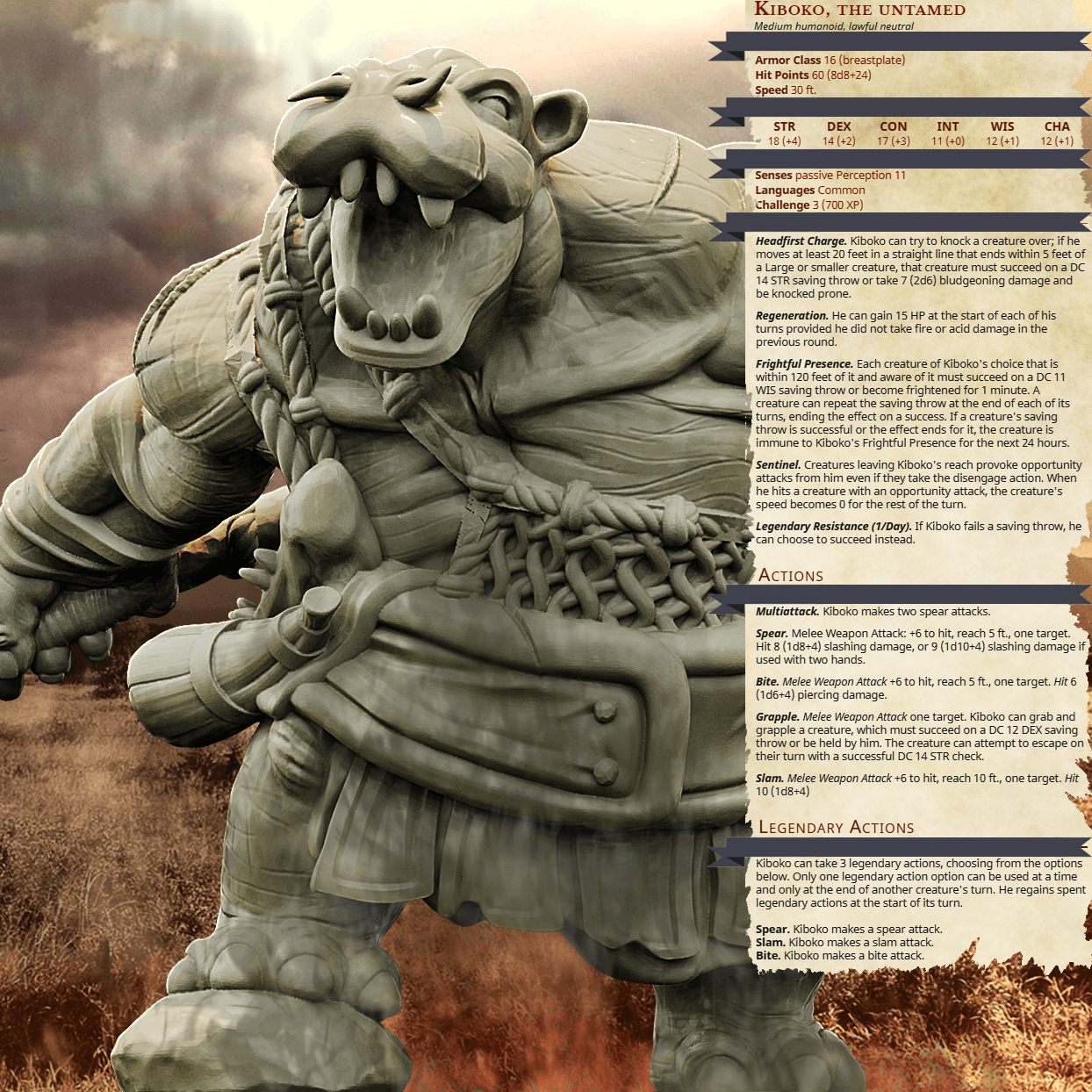 3D Printed Bestiary Vol. 4 Nafarrate - Kiboko Hippo Man 32mm Ragnarok D&D