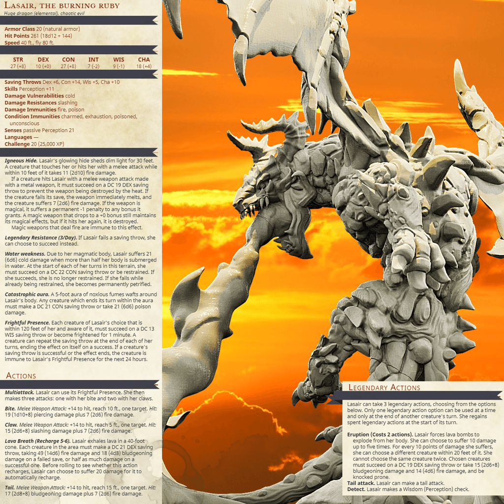 3D Printed Bestiary Vol. 4 Nafarrate - Lasair Lava Dragon 32mm Ragnarok D&D
