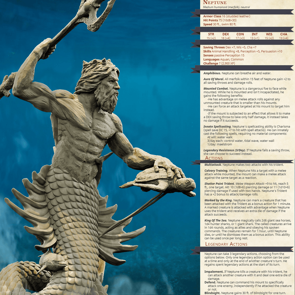 3D Printed Bestiary Vol. 4 Nafarrate - Neptune Merman 32mm Ragnarok D&D