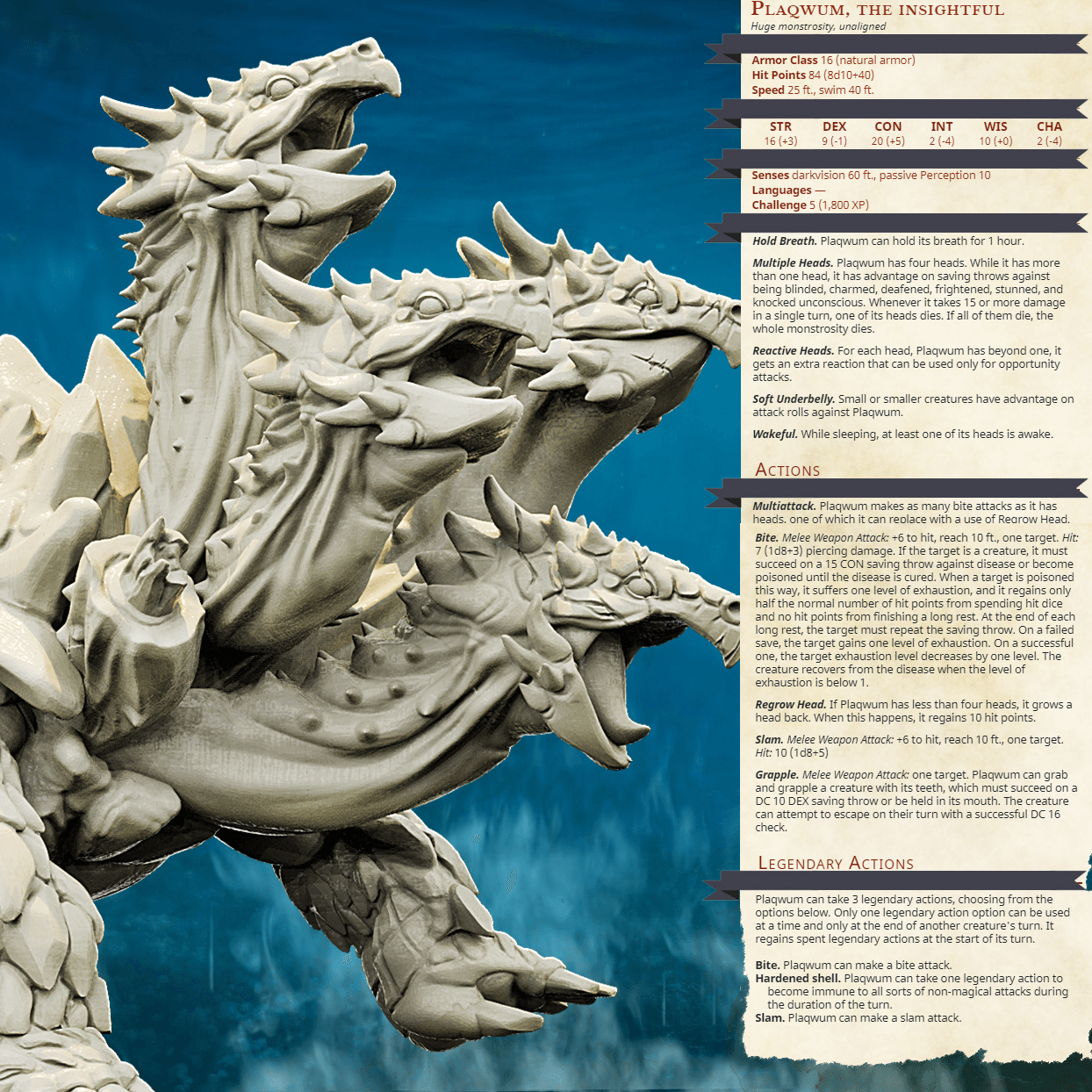 3D Printed Bestiary Vol. 4 Nafarrate - Plaqwum Turtle Hydra 32mm Ragnarok D&D