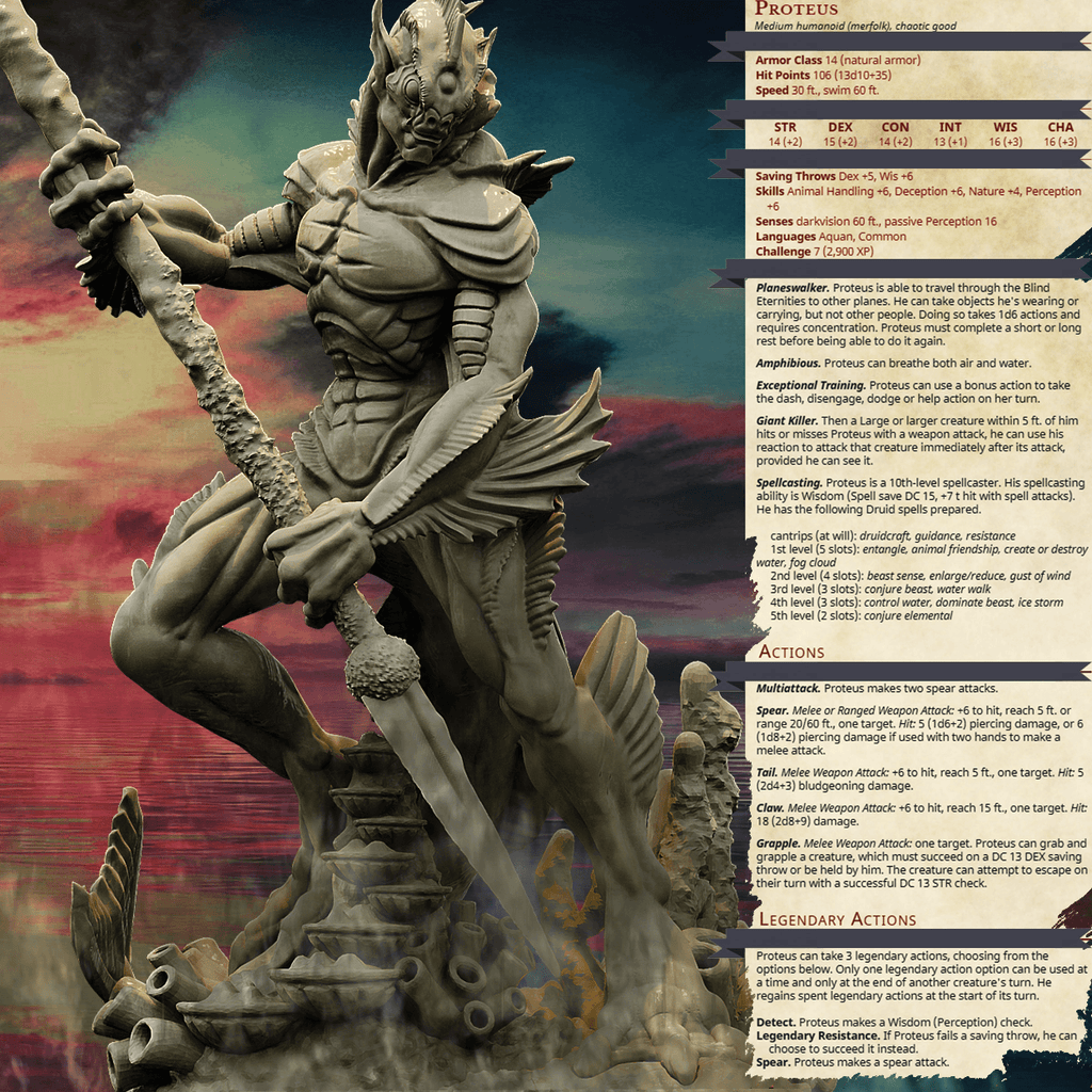 3D Printed Bestiary Vol. 4 Nafarrate - Proteus Merfolk 32mm Ragnarok D&D
