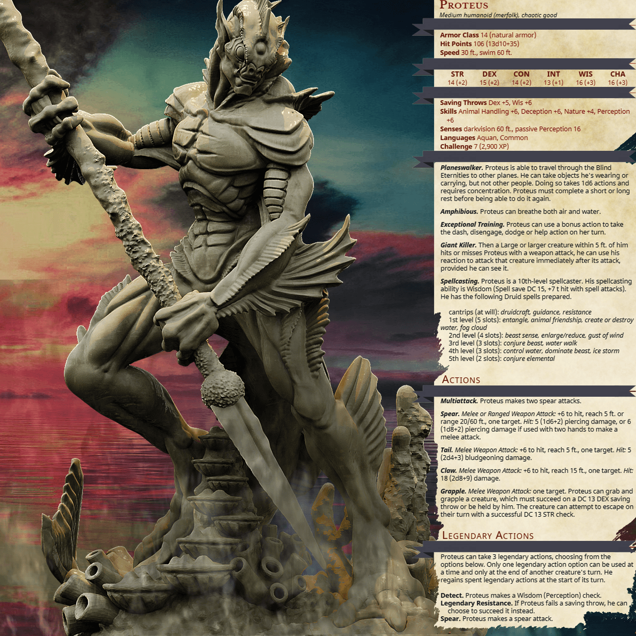 3D Printed Bestiary Vol. 4 Nafarrate - Proteus Merfolk 32mm Ragnarok D&D