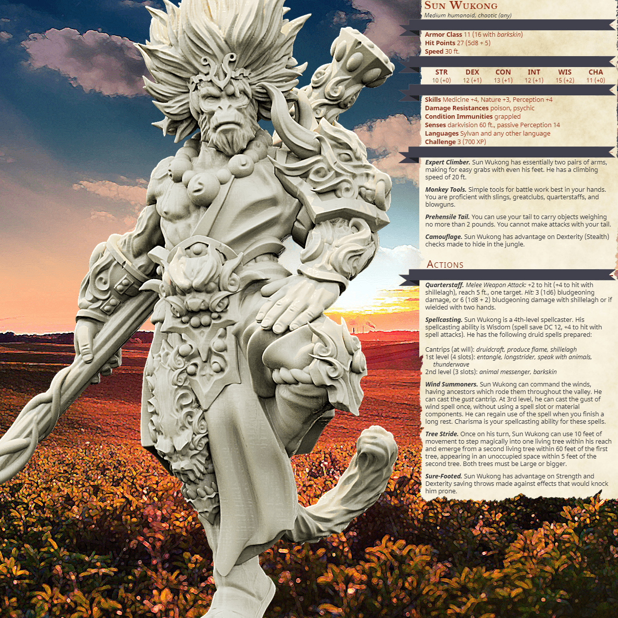 3D Printed Bestiary Vol. 4 Nafarrate - Sun Wukong Ape Warrior 32mm Ragnarok D&D