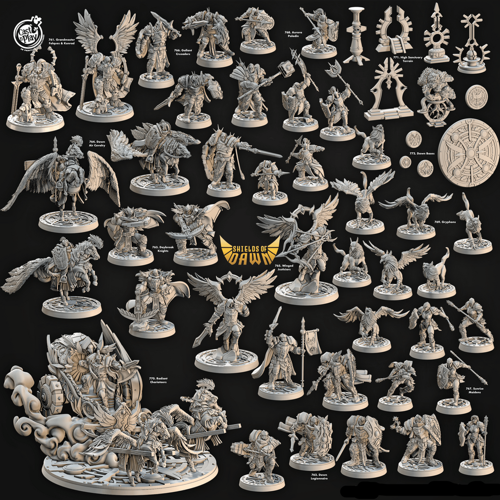 3D Printed Cast n Play Daybreak Knights Shields of Dawn 28mm 32mm D&D