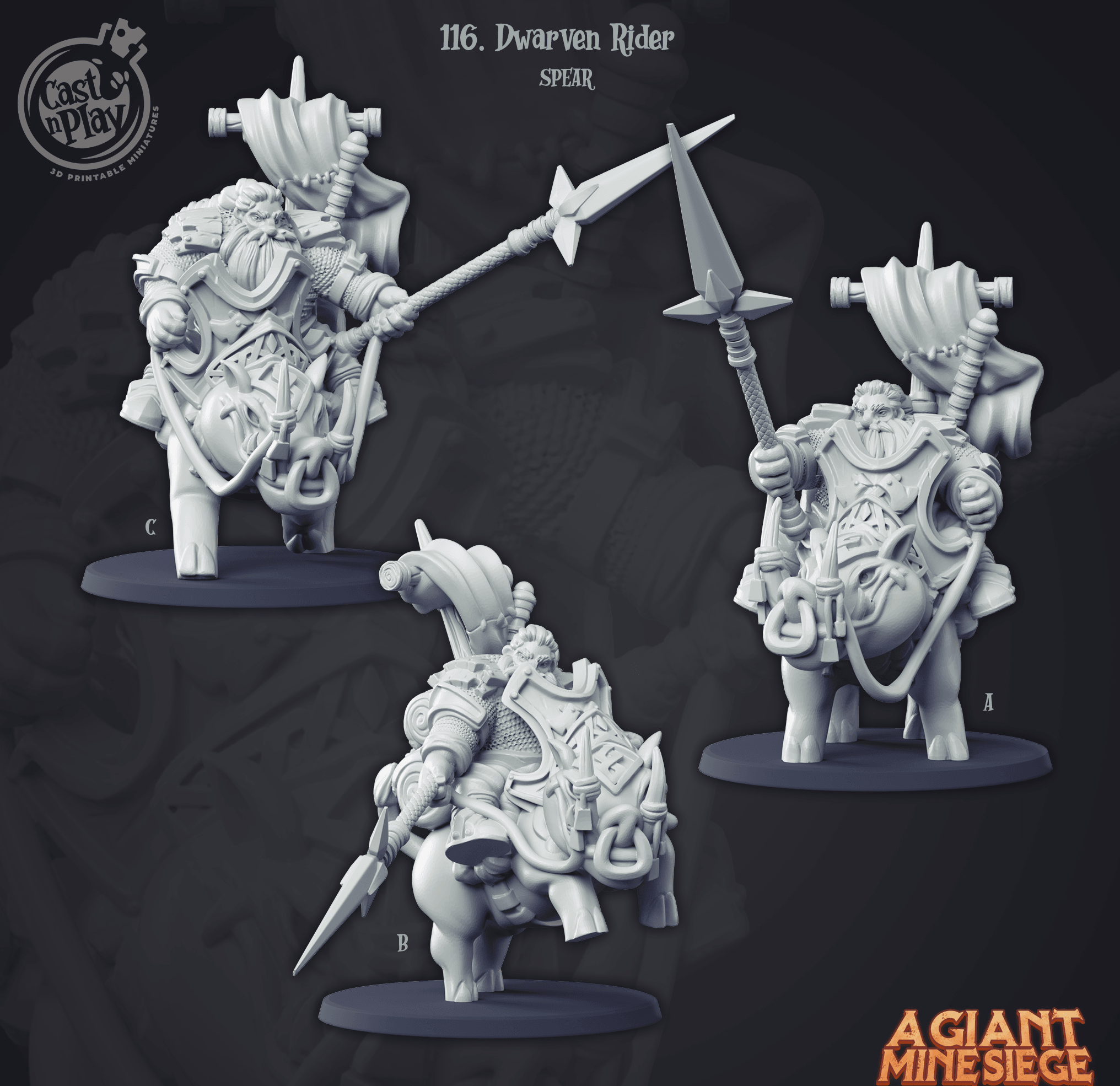 3D Printed Cast n Play Dwarven Rider Spear Set A Giant Mine Siege 28mm 32mm D&D