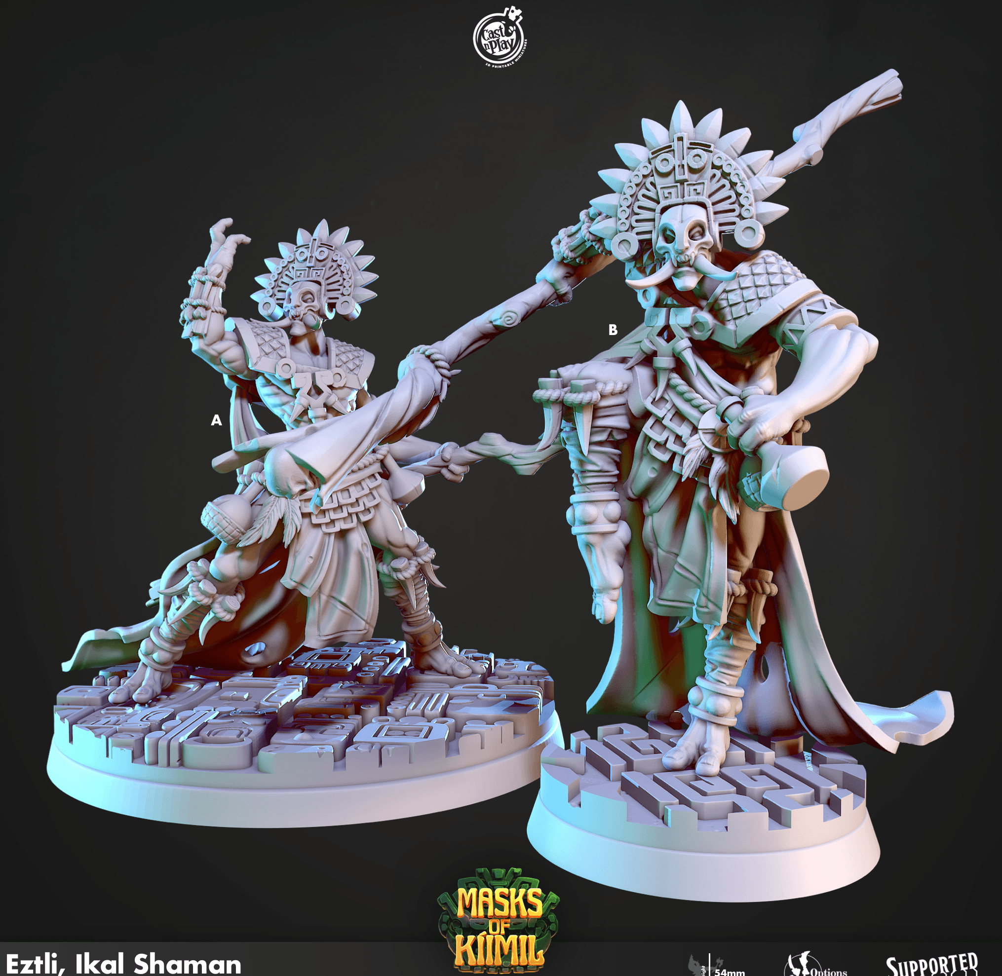 3D Printed Cast n Play Eztli, Ikal Shaman Masks of Kiimil 28 32mm D&D