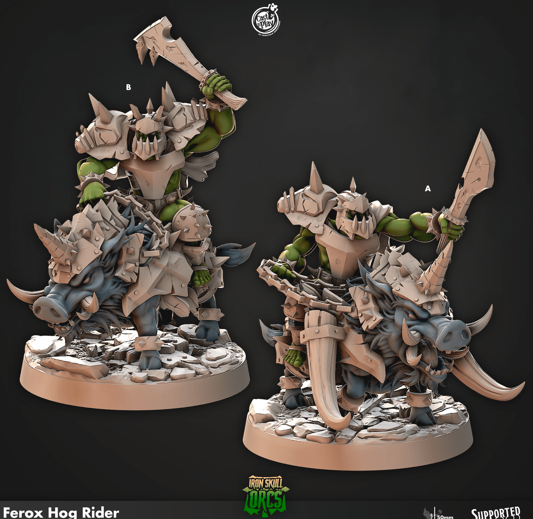 3D Printed Cast n Play Ferox Hog Rider Iron Skull Orcs 28mm 32mm D&D