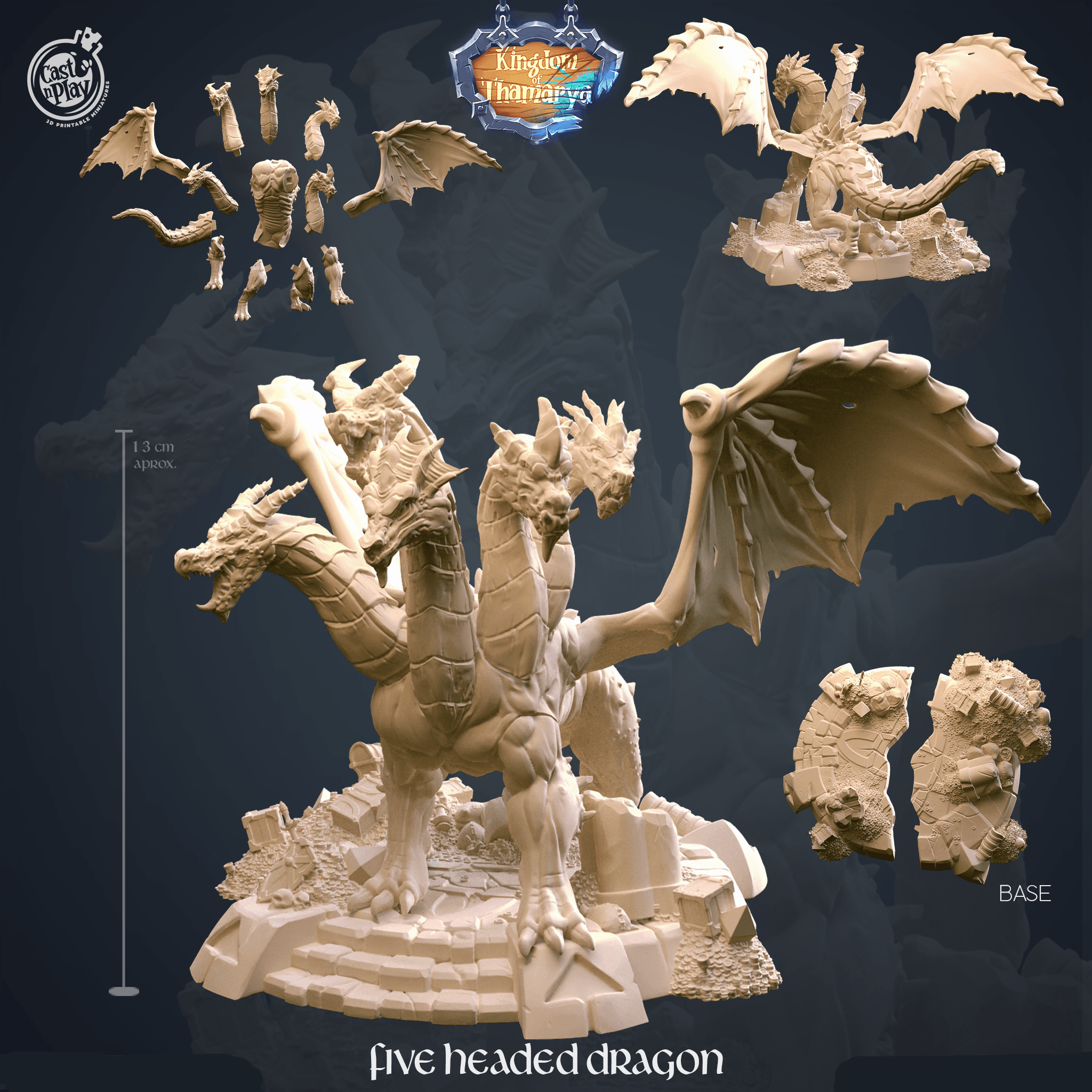 3D Printed Cast n Play Five Headed Dragon Kingdom Of Thamarya 28mm 32mm D&D