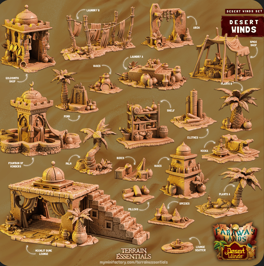 3D Printed Cast n Play Moonlit Dune Lounge Desert Winds Terrain Set 28mm 32mm D&D