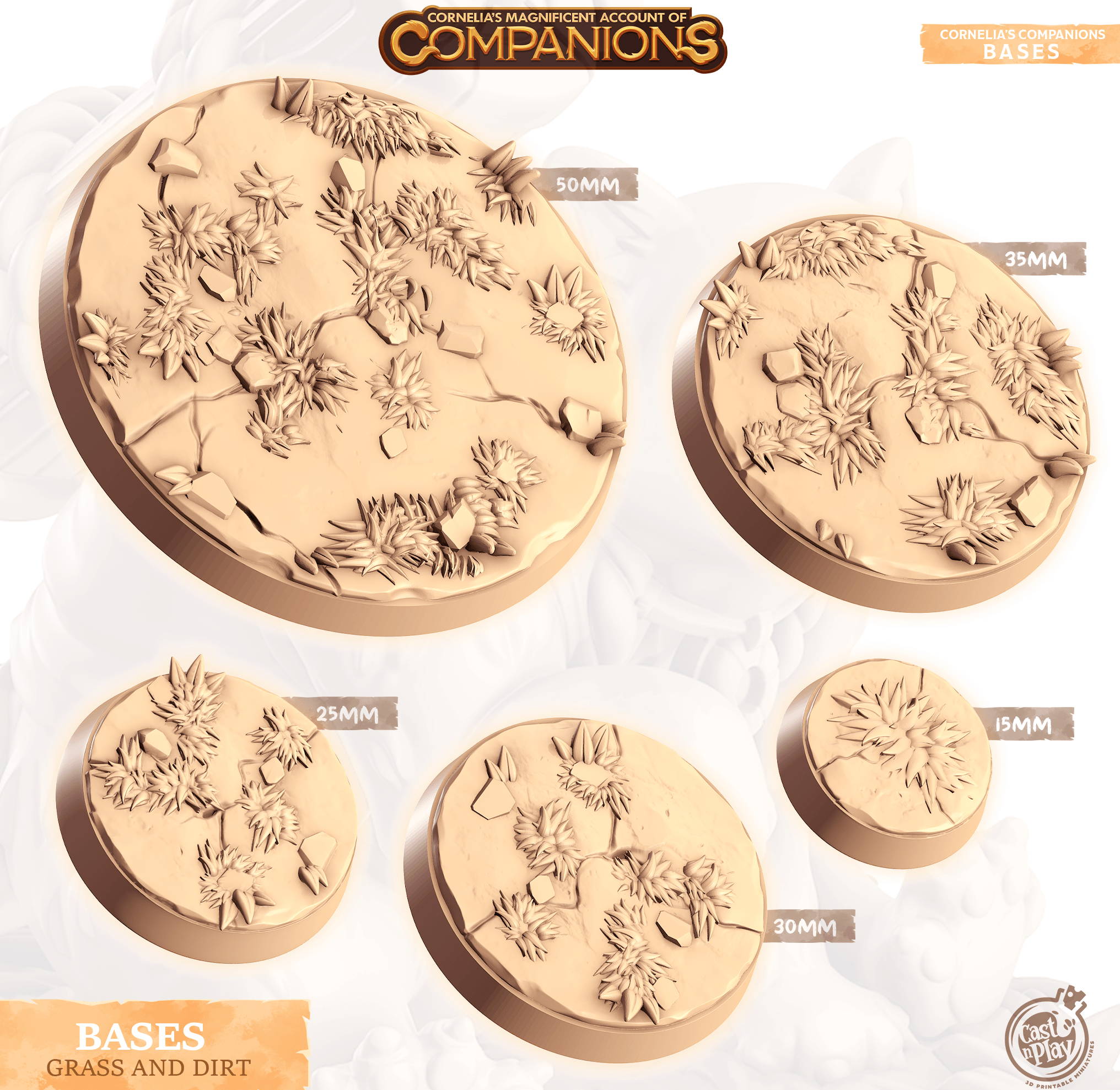3D Printed Cast n Play Grass and Dirt Bases Companion's Bases - Starter Pack Companions 28mm 32mm D&D