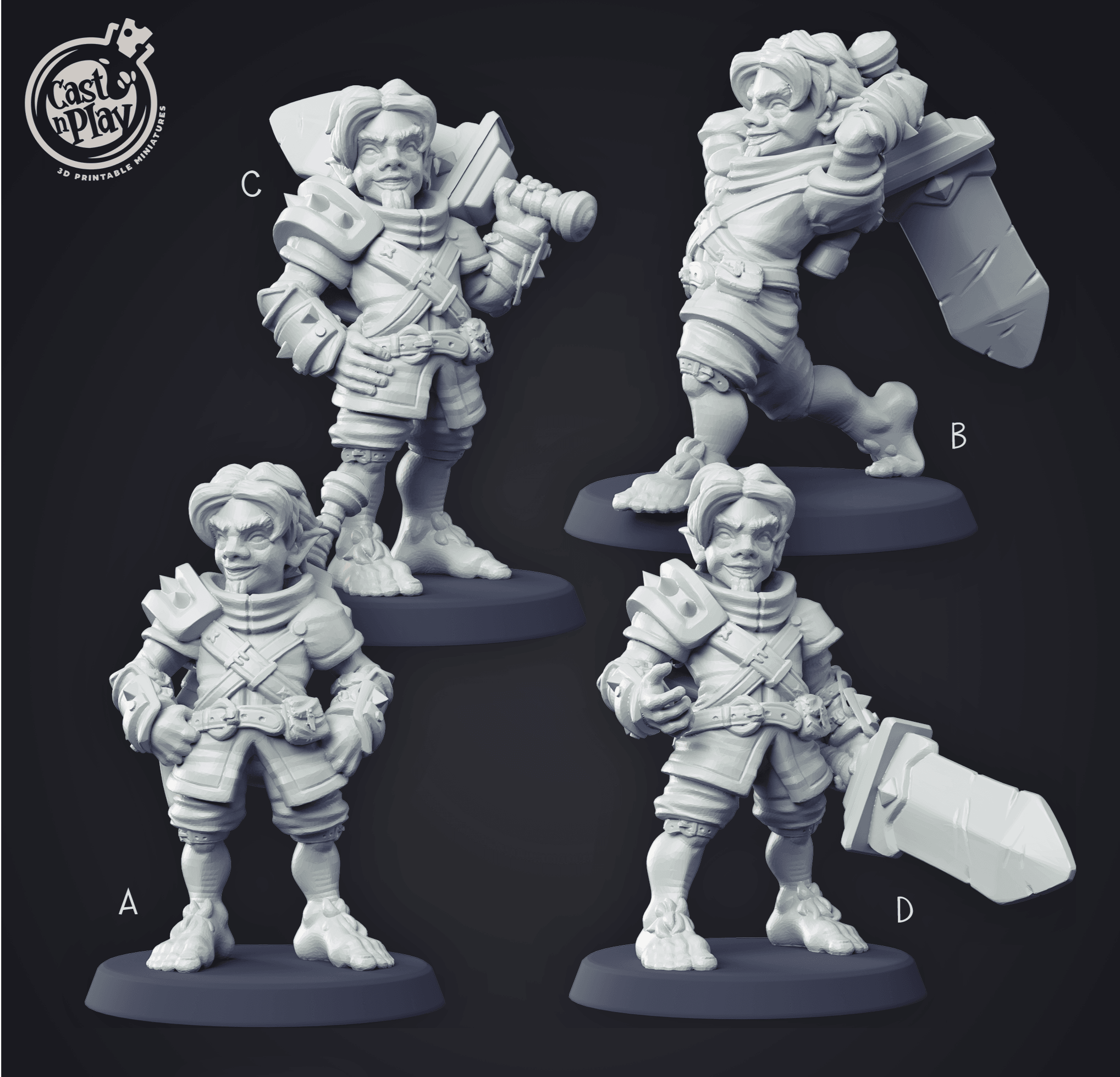3D Printed Cast n Play - Halfling Fighter Set 28mm 32mm D&D