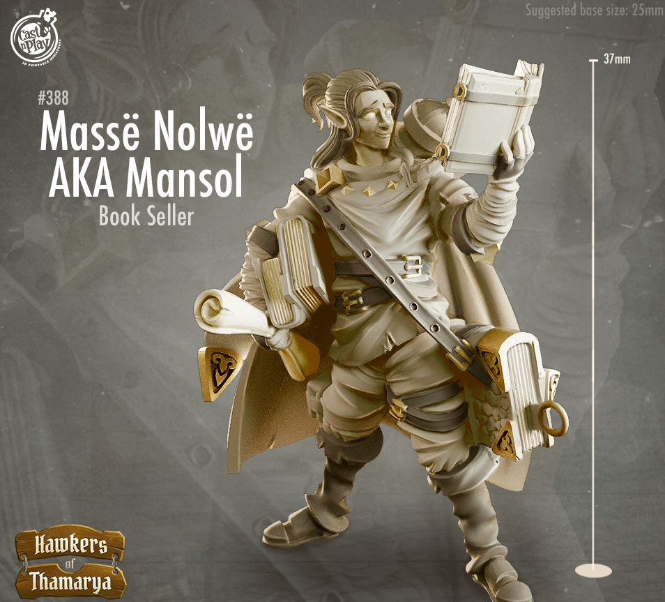 3D Printed Cast n Play Hawkers of Thamarya - Mansol Masse Nolwe Book Seller 28mm 32mm D&D