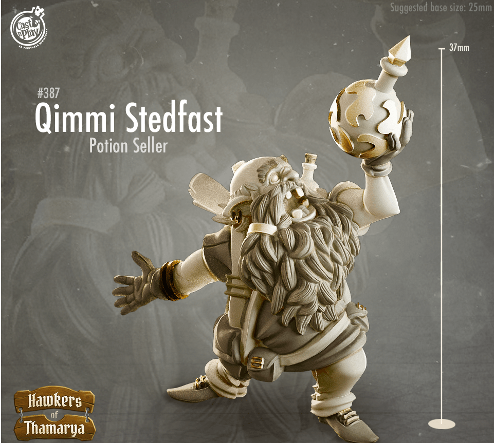 3D Printed Cast n Play Hawkers of Thamarya - Qimmi Stedfast Potion Seller 28mm 32mm D&D