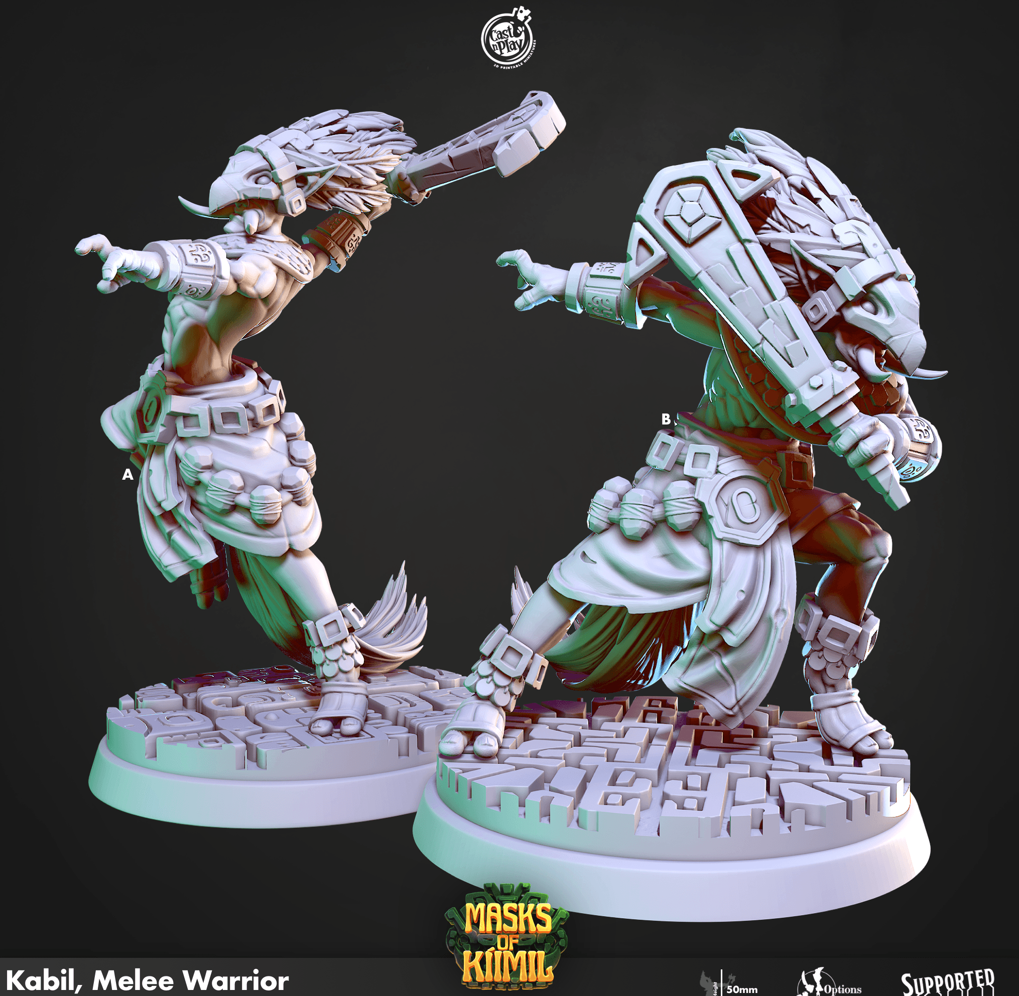 3D Printed Cast n Play Kabil, Melee Warrior Masks of Kiimil 28 32mm D&D