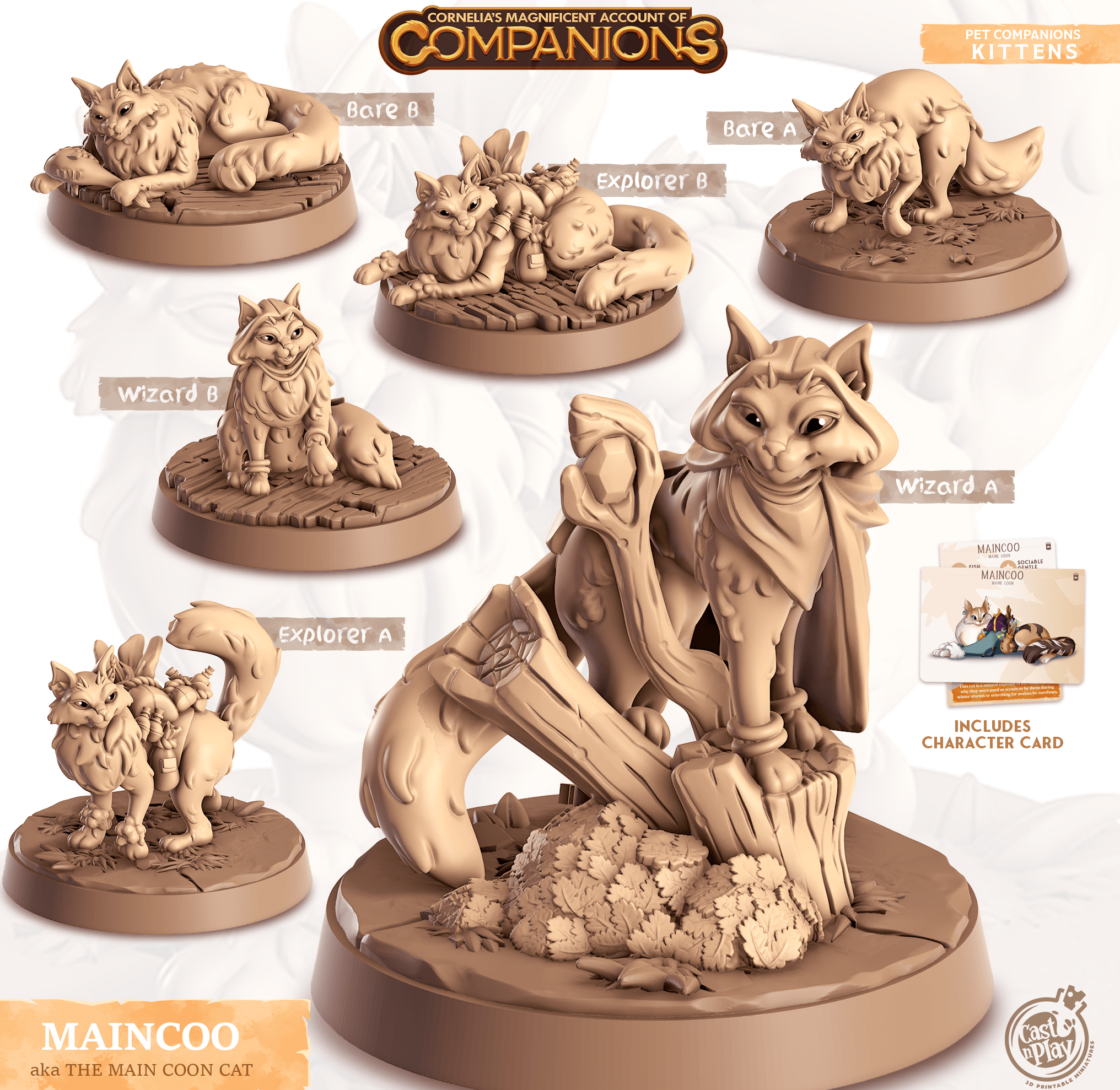 3D Printed Cast n Play Maincoo - Main Coon Cat Companions 28mm 32mm D&D