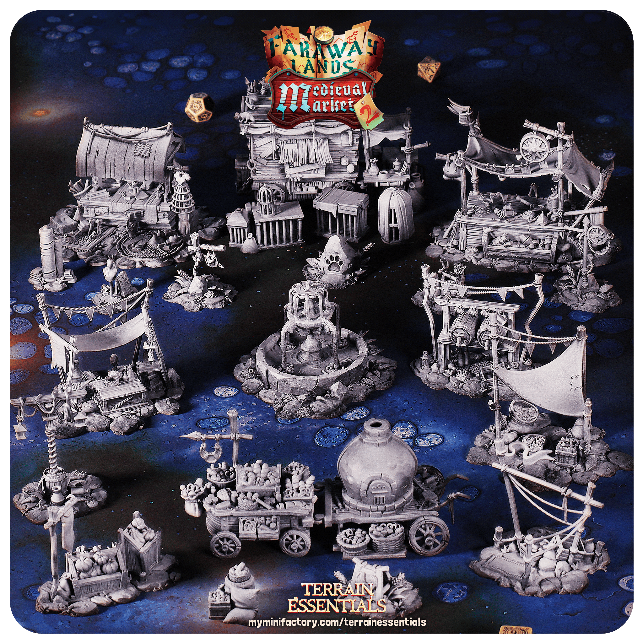 3D Printed Cast n Play Medieval Market 2 Terrain Set 28mm 32mm D&D