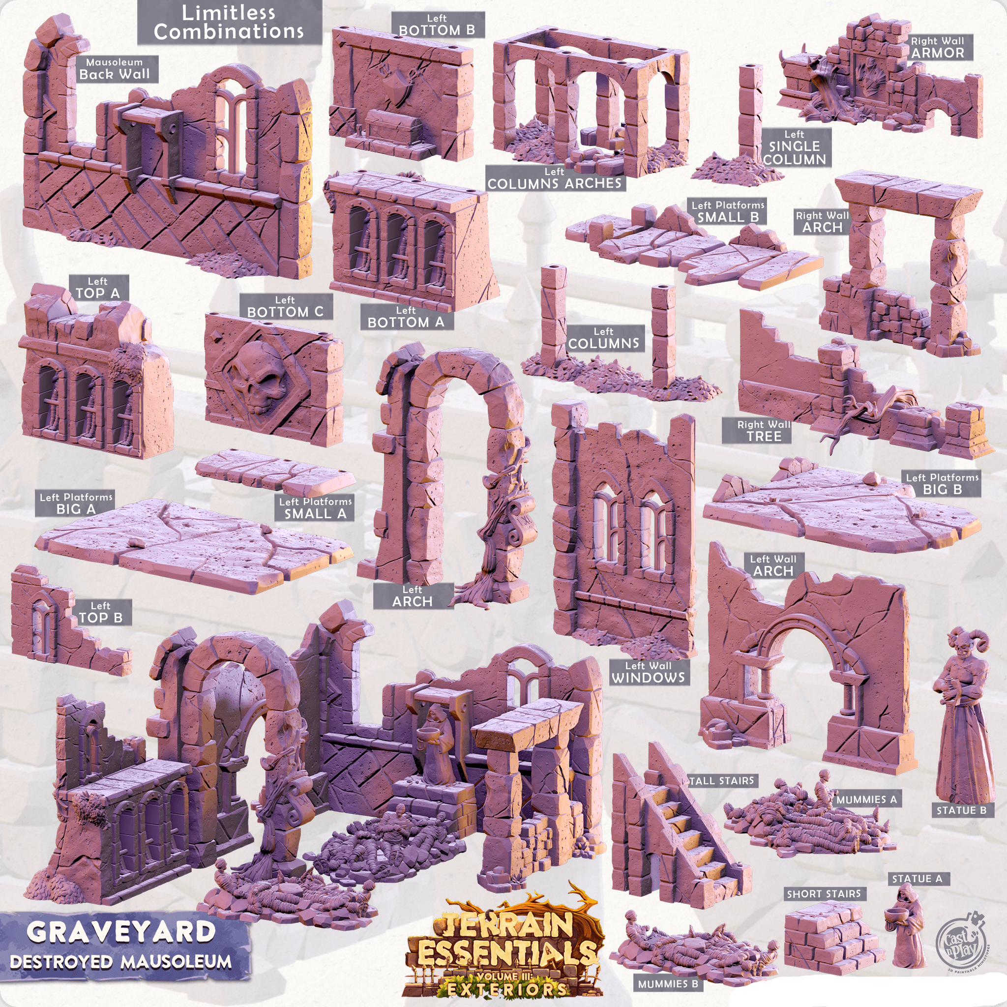 3D Printed Cast n Play Modular Destroyed Mausoleum Graveyard Set 28mm 32mm D&D