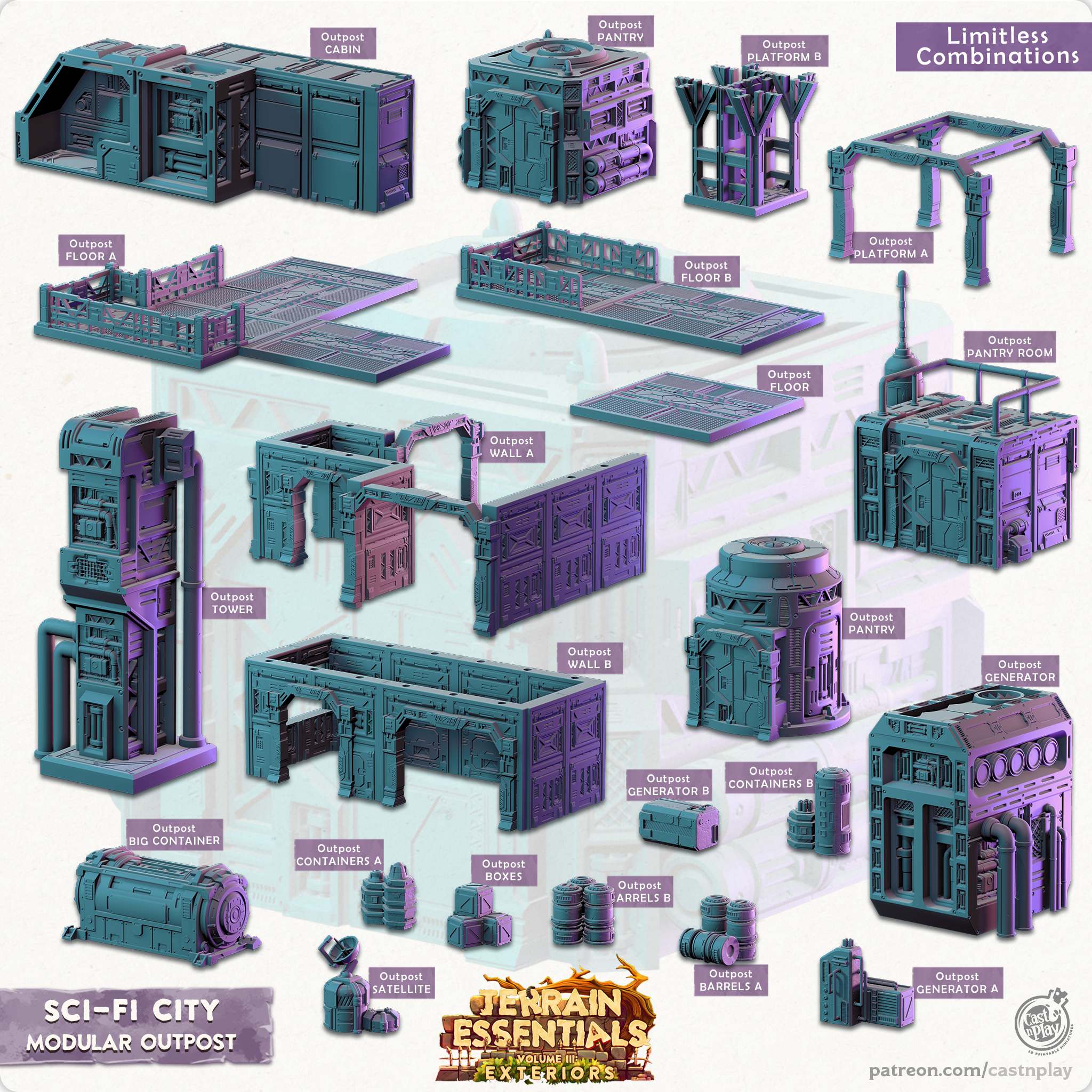 3D Printed Cast n Play Modular Outposts Sci-Fi City Set Terrain Essentials Vol III Exteriors 28mm 32mm D&D