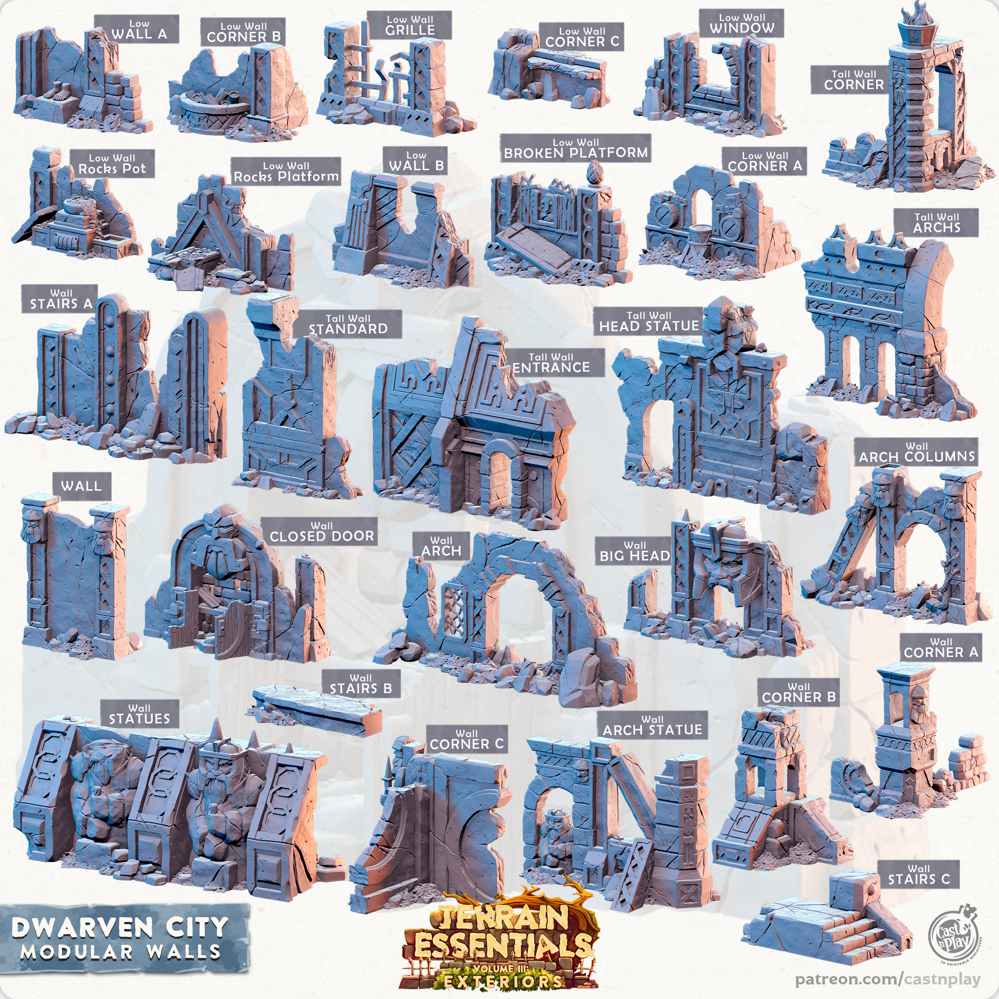 3D Printed Cast n Play Modular Walls Terrain Essentials Vol III Exteriors Dwarven City Set 28mm 32mm D&D