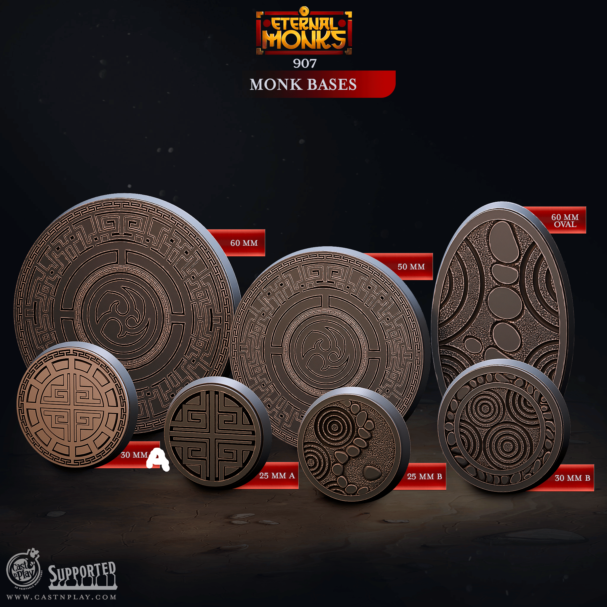 3D Printed Cast n Play Monk Bases Eternal Monks Set 28mm 32mm D&D