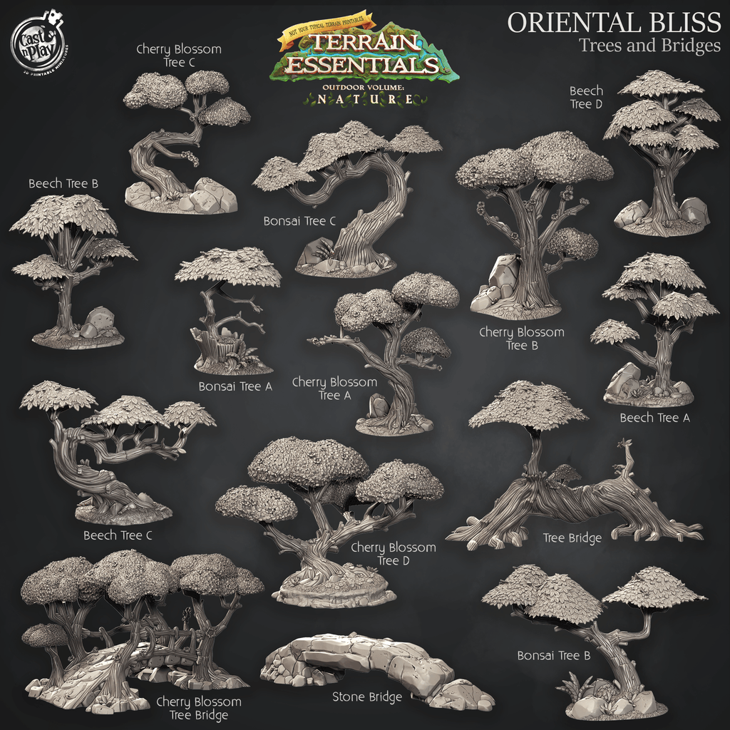 3D Printed Cast n Play Oriental Bliss Trees and Bridges Terrain Set Terrain Essentials Nature 28mm 32mm D&D