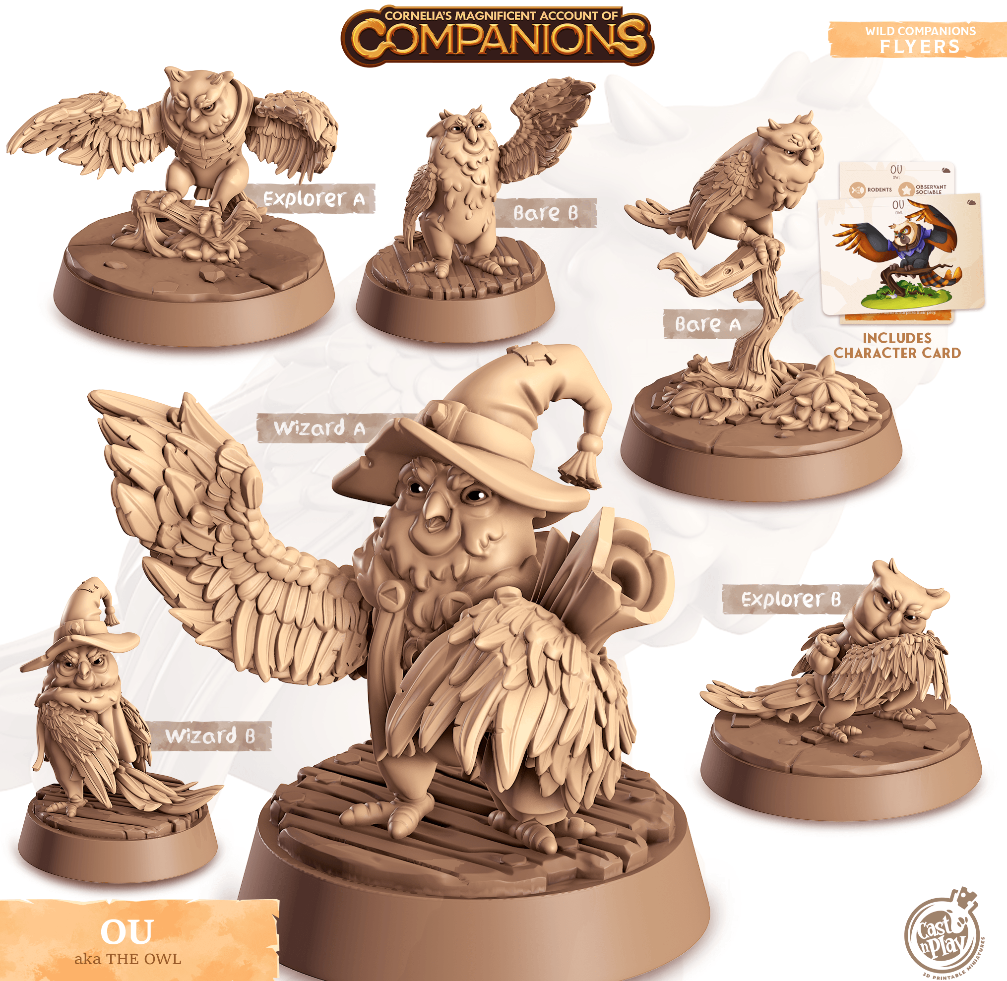 3D Printed Cast n Play Ou - Owl Companions 28mm 32mm D&D