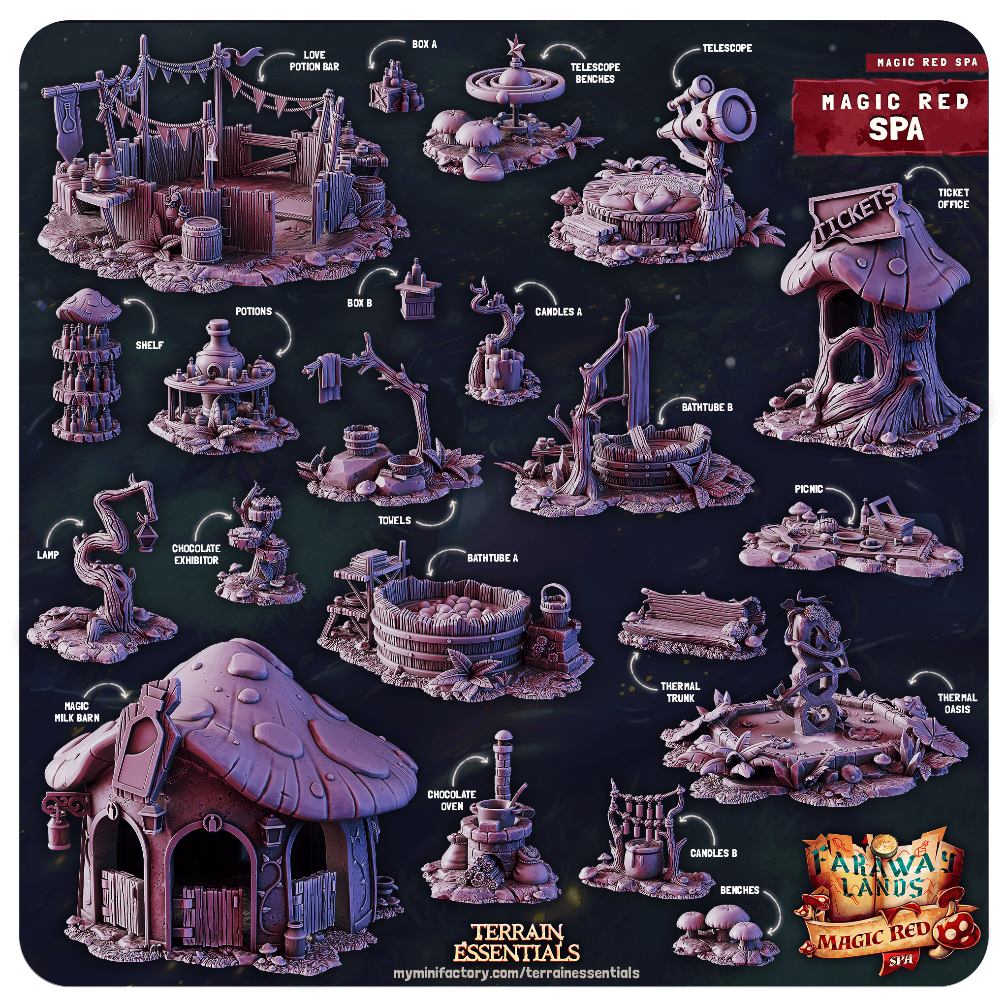 3D Printed Cast n Play Red Magic Spa Set 28mm 32mm D&D