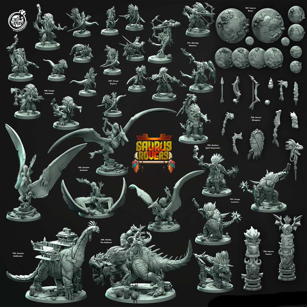 3D Printed Cast n Play Saurus Bases Saurus Rovers Set 28mm 32mm D&D