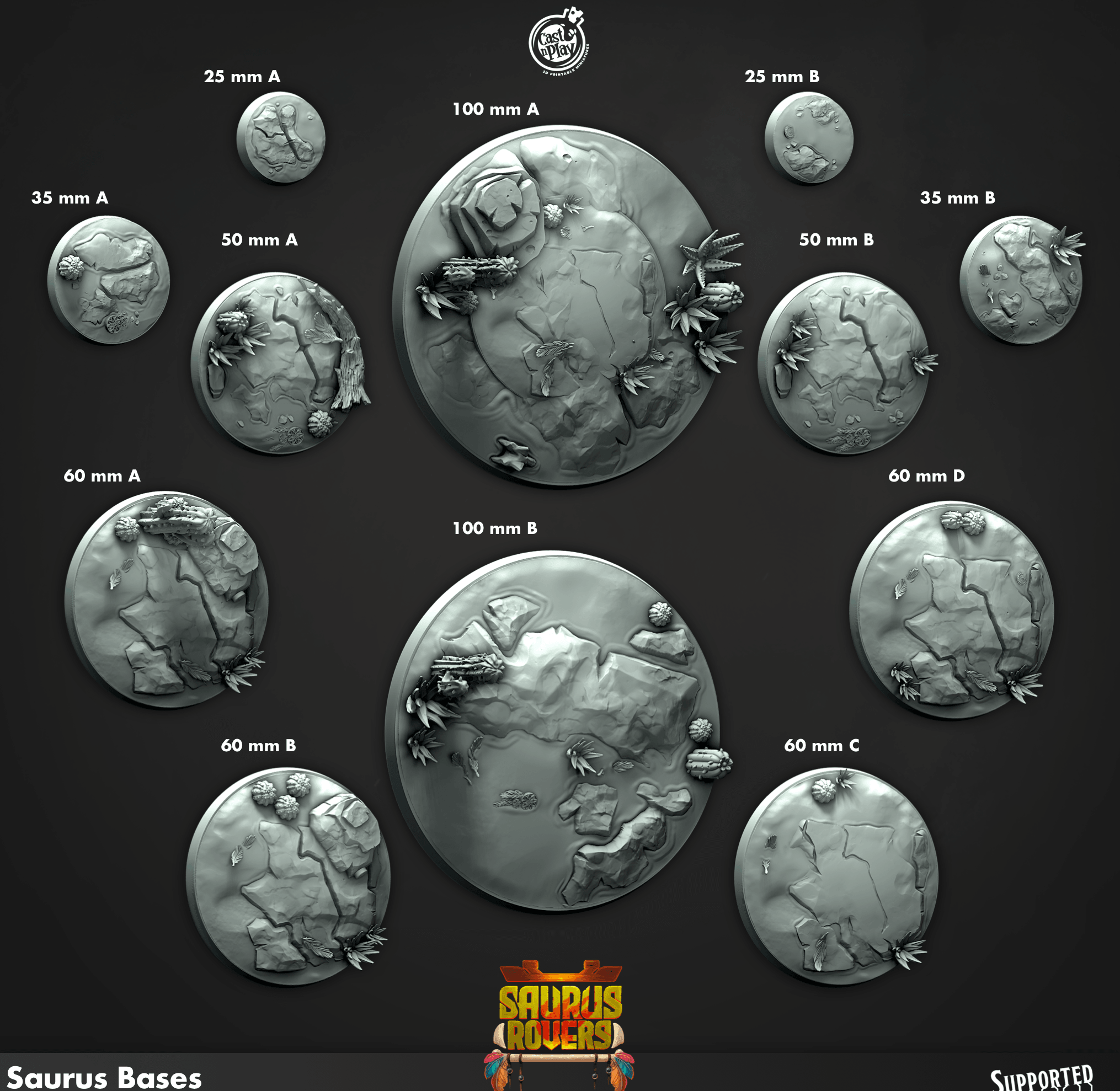 3D Printed Cast n Play Saurus Bases Saurus Rovers Set 28mm 32mm D&D
