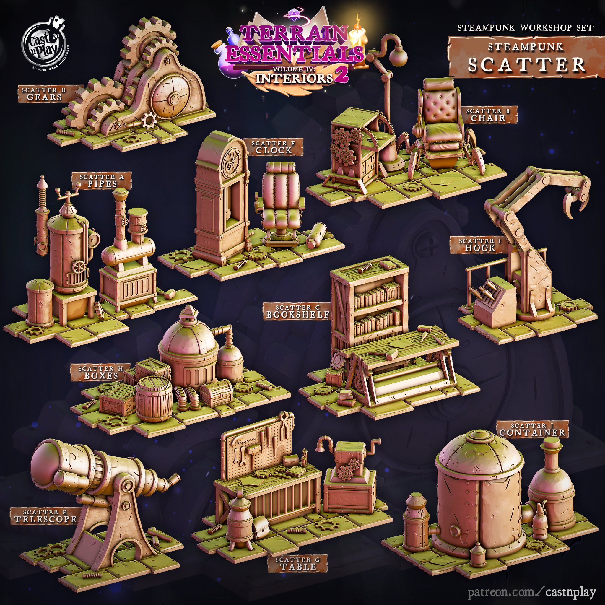 3D Printed Cast n Play Steampunk Workshop Scatter Terrain Set 28mm 32mm D&D