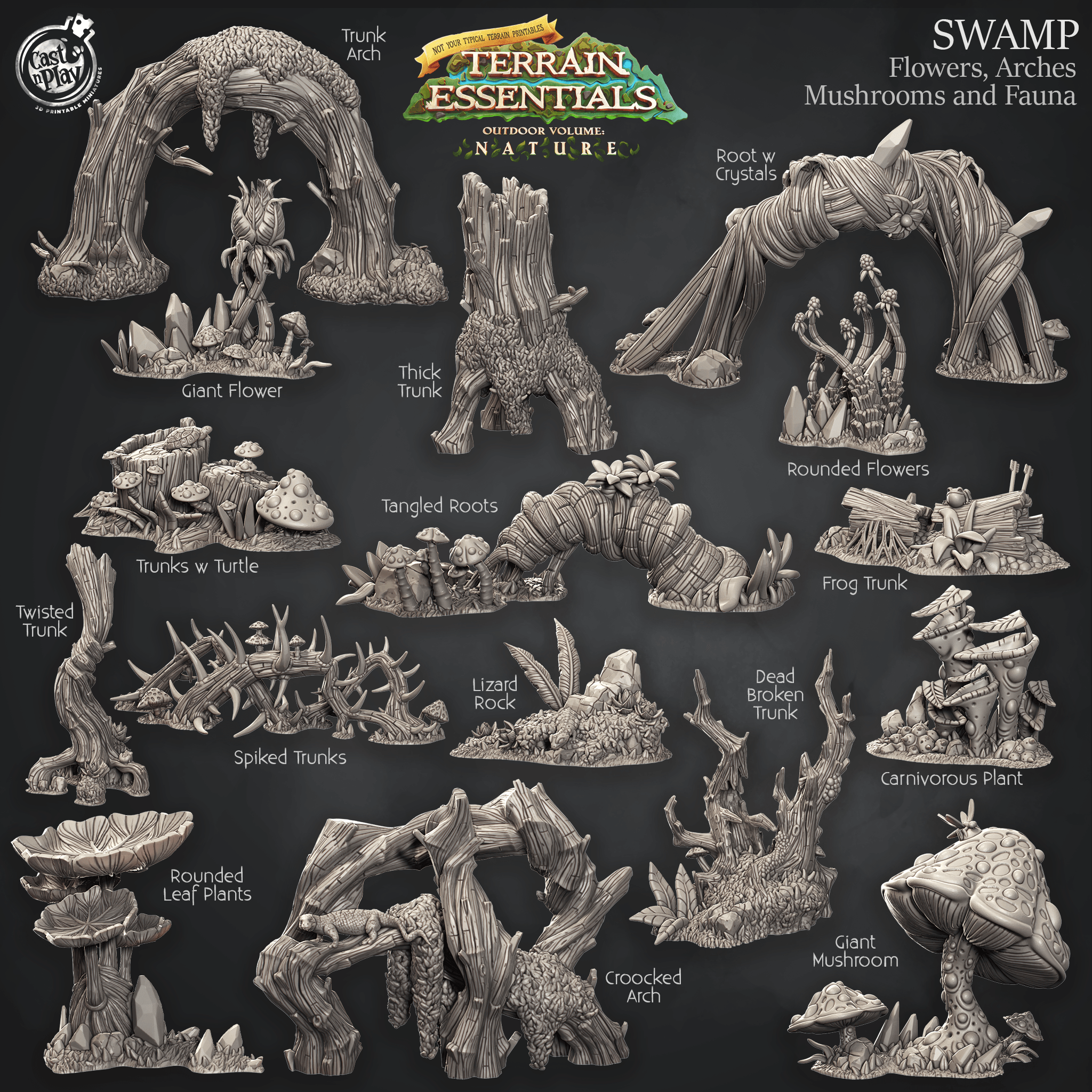 3D Printed Cast n Play Swamp Terrain Flowers, Arches, Mushrooms and Fauna Set Terrain Essentials Nature 28mm 32mm D&D