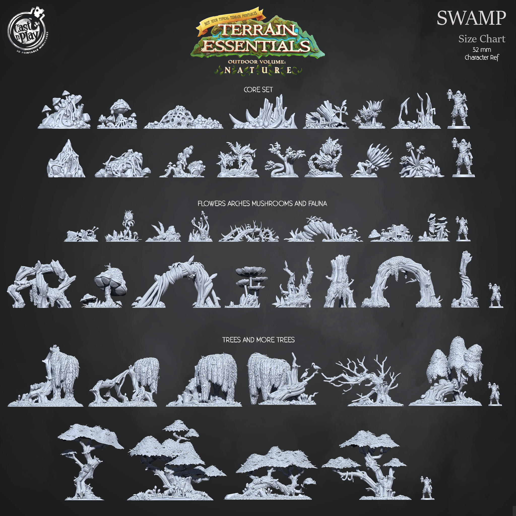 3D Printed Cast n Play Swamp Terrain Flowers, Arches, Mushrooms and Fauna Set Terrain Essentials Nature 28mm 32mm D&D