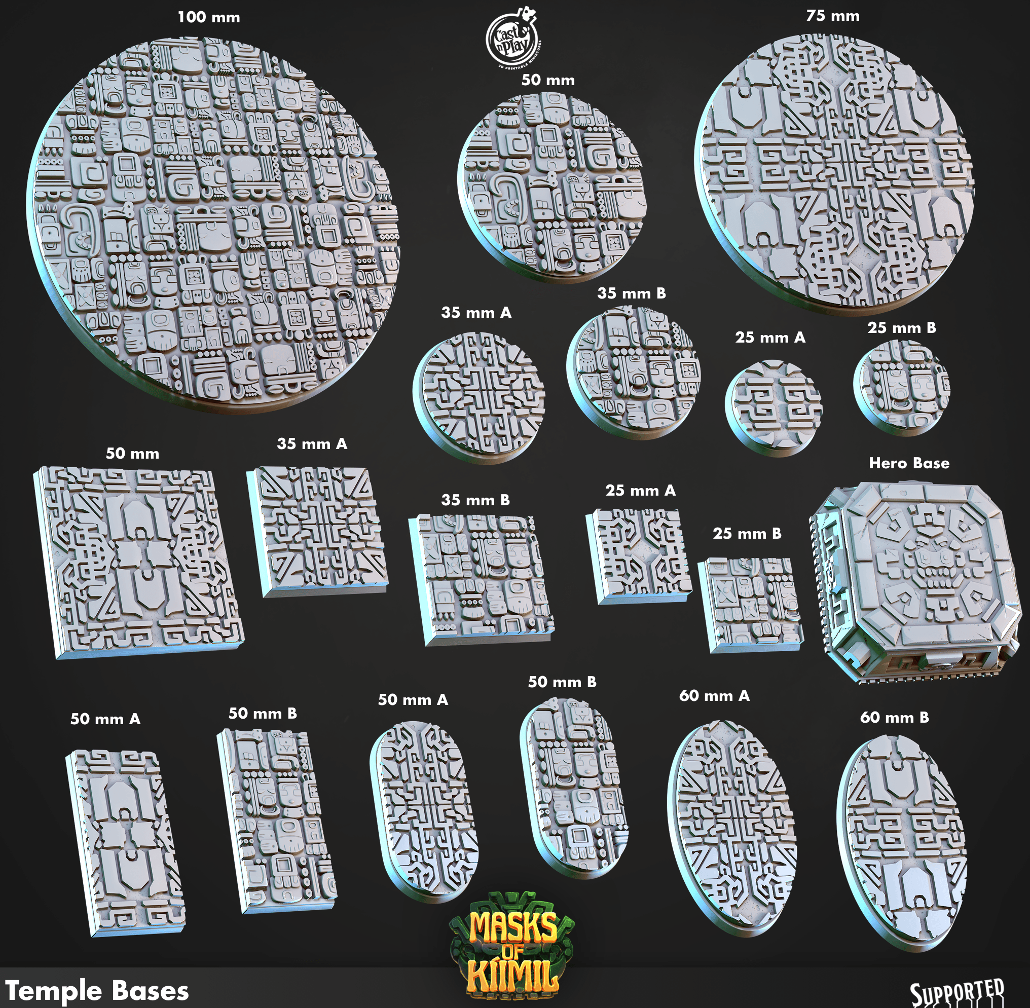 3D Printed Cast n Play Temple Bases Masks of Kiimil 28mm 32mm D&D