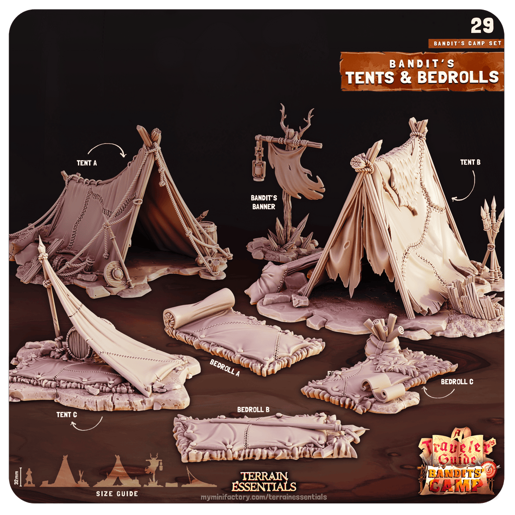 3D Printed Cast n Play Tents and Bedrolls Bandits Camp Terrain Set 28mm 32mm D&D