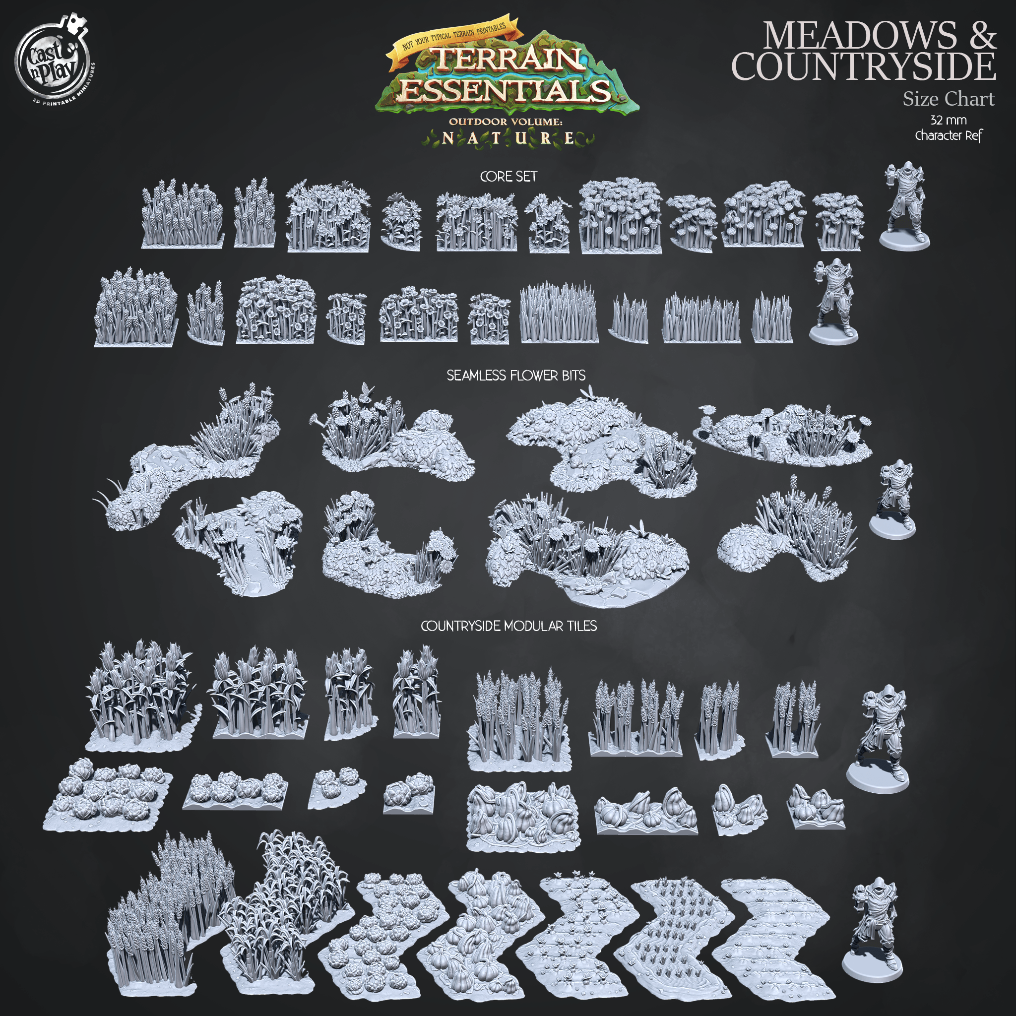3D Printed Cast n Play Terrain Essentials Nature Meadows & Countryside Terrain - Meadows Core Set 28mm 32mm D&D