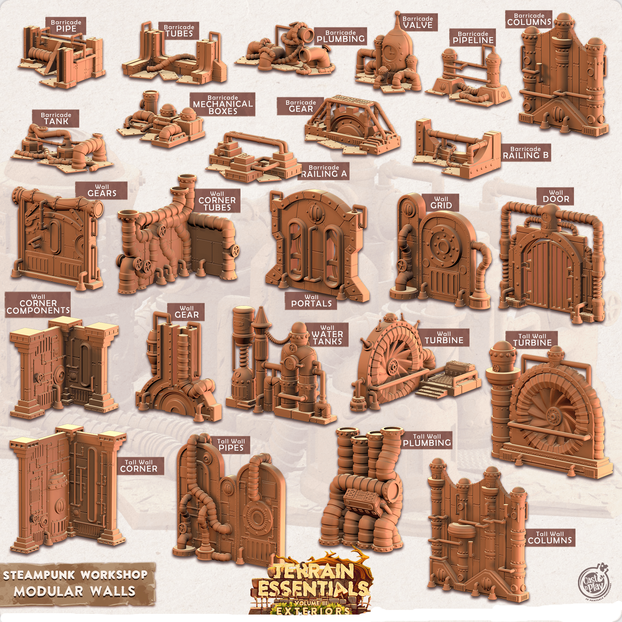 3D Printed Cast n Play Terrain Essentials - Steampunk Workshop Modular Walls 28mm 32mm