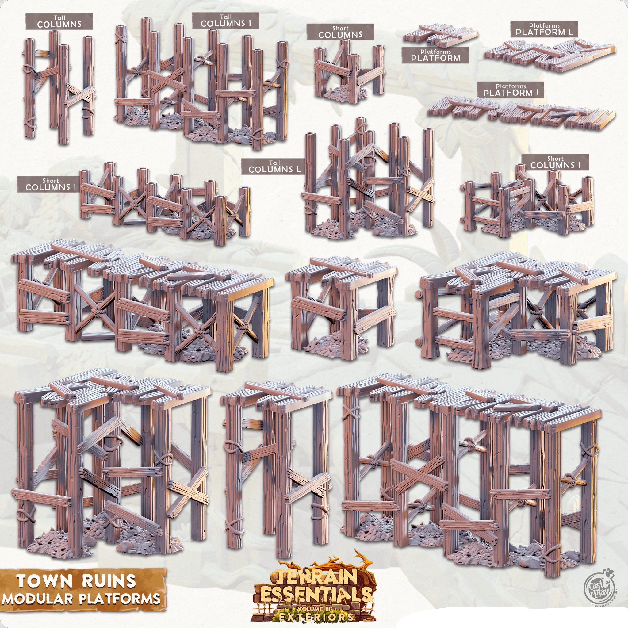 3D Printed Cast n Play Town - Town Ruins Modular Platforms Set 28mm 32mm D&D