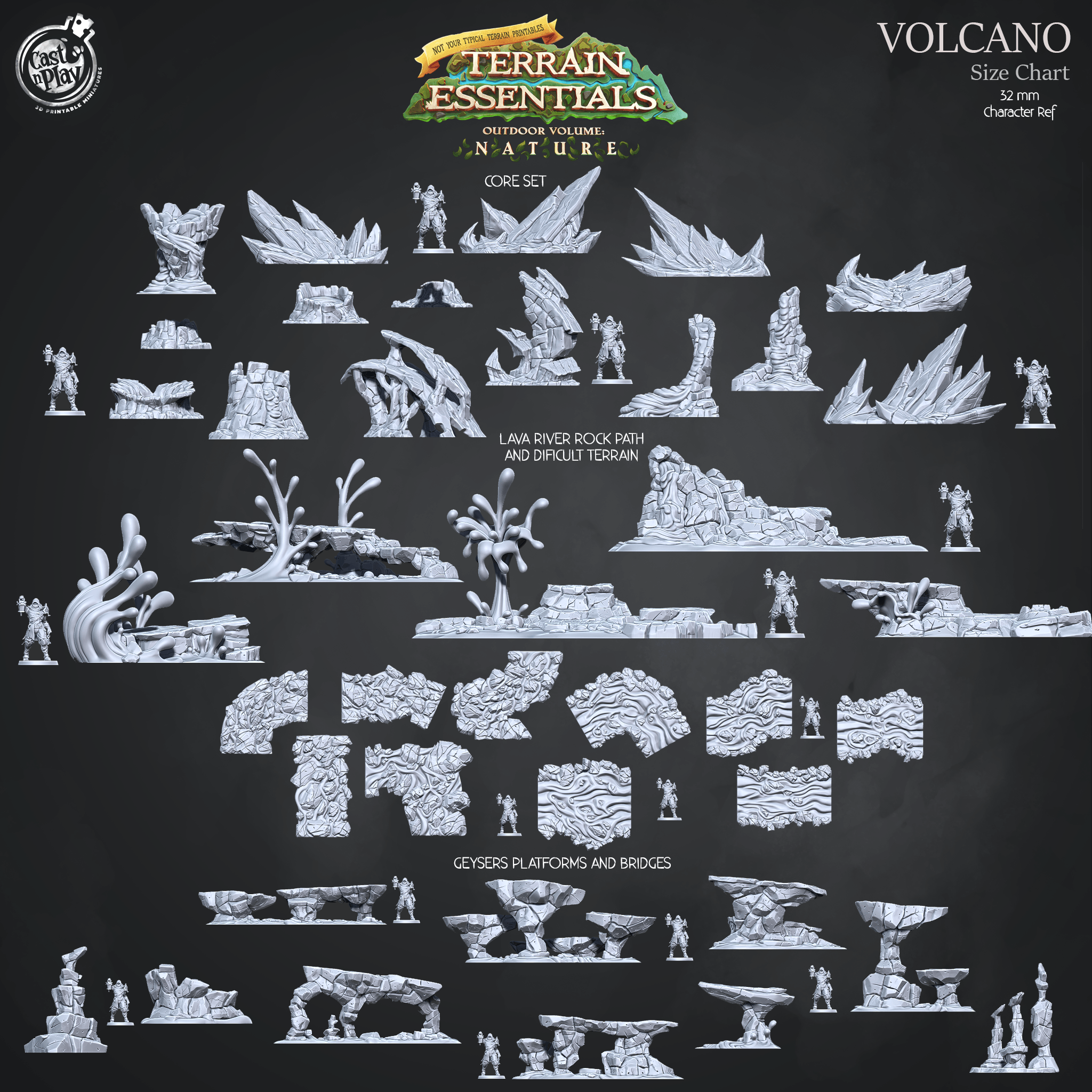 3D Printed Cast n Play Volcano Terrain Geysers, Platforms and Bridges Set Terrain Essentials 28mm 32mm D&D