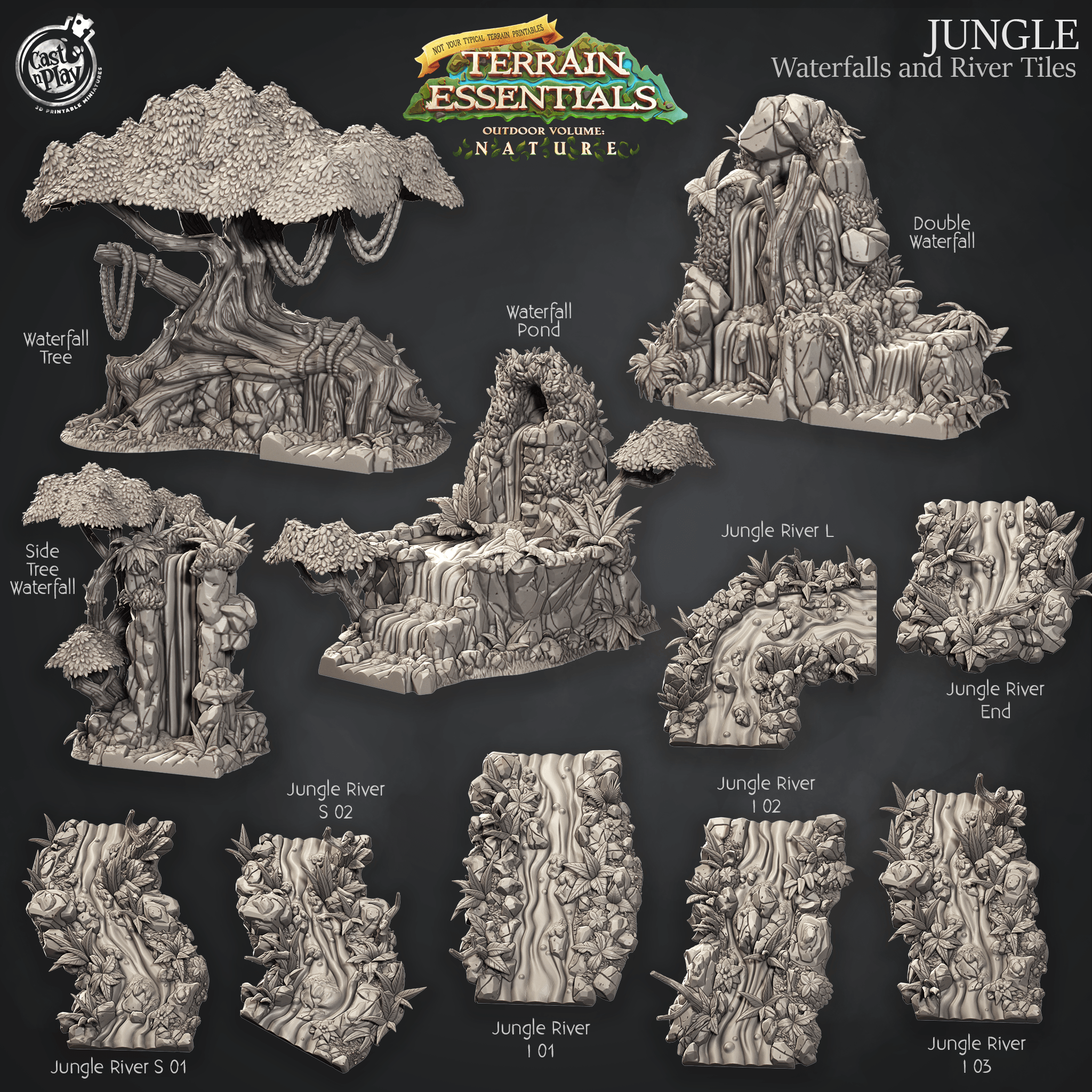 3D Printed Cast n Play Waterfalls and River Tiles Jungle Terrain Set Terrain Essentials Nature 28mm 32mm D&D