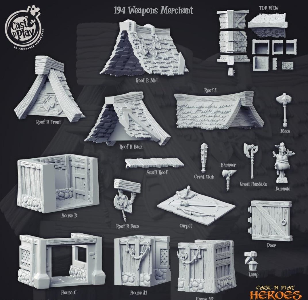 3D Printed Cast n Play Weapons Merchant Building Heroes Vol. 1 28mm 32mm D&D