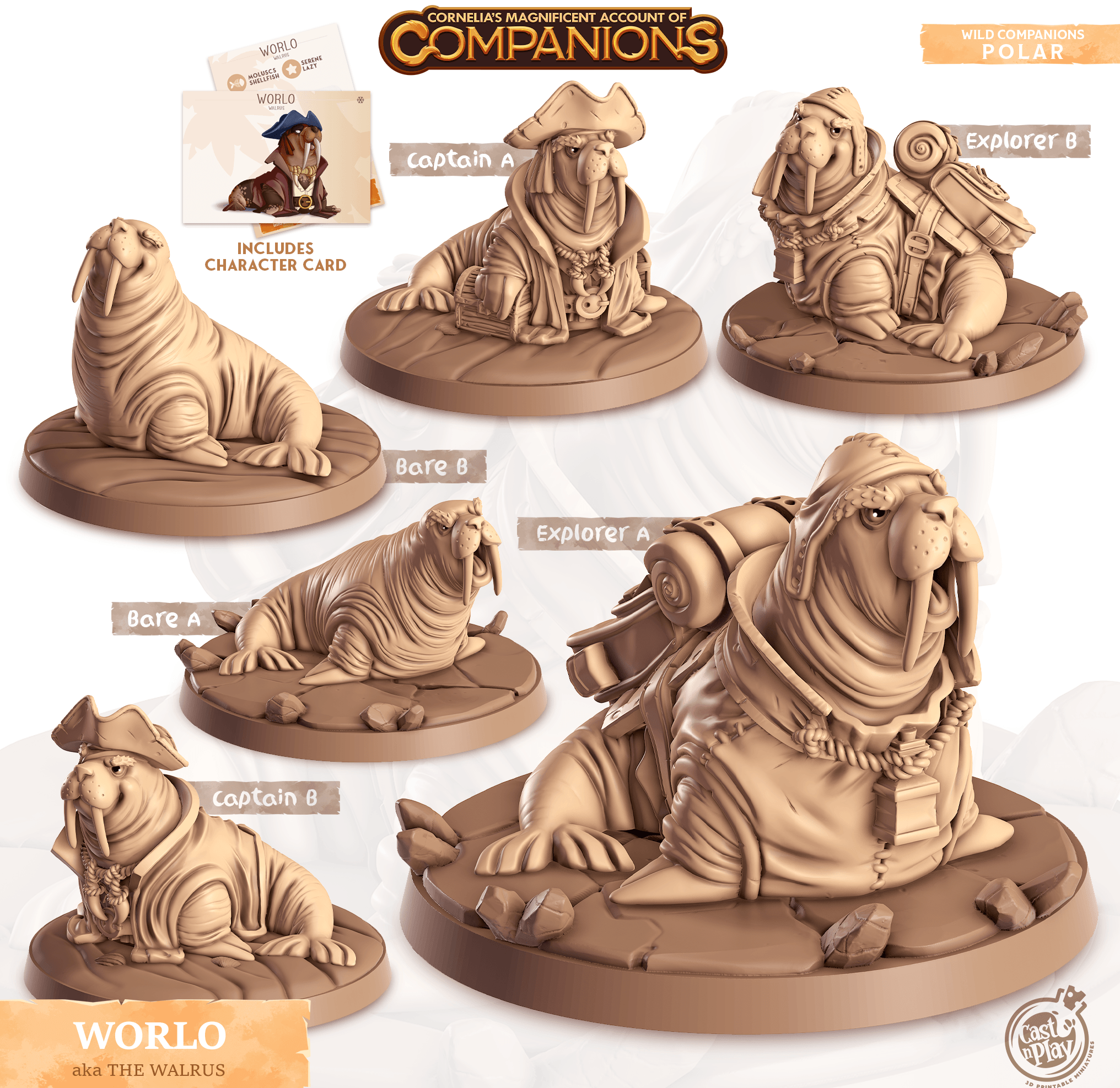 3D Printed Cast n Play Worlo - Walrus Companions 28mm 32mm D&D