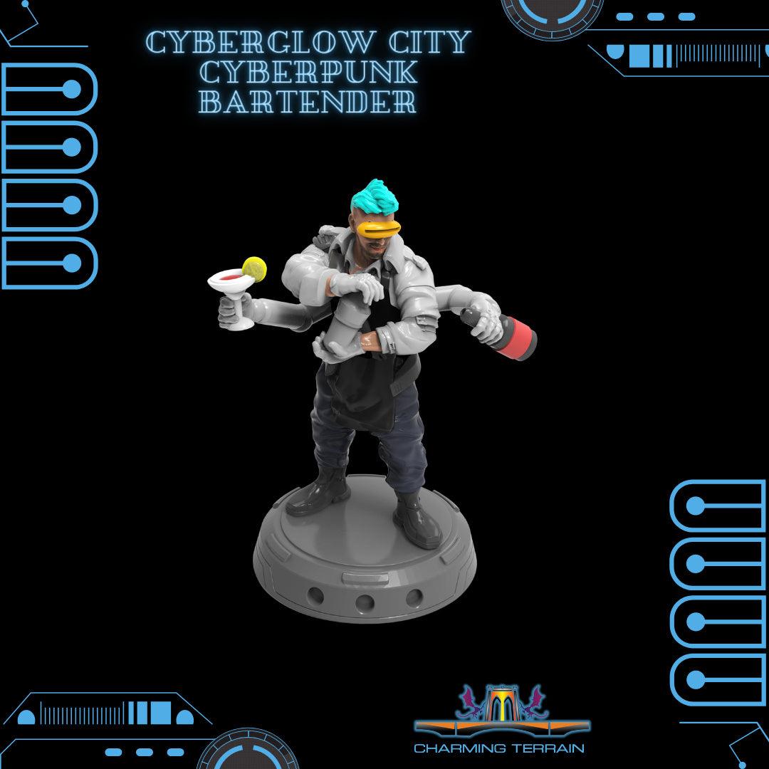 3D Printed Cyberglow City Cyberpunk Bartender Miniature  - 28mm 32mm