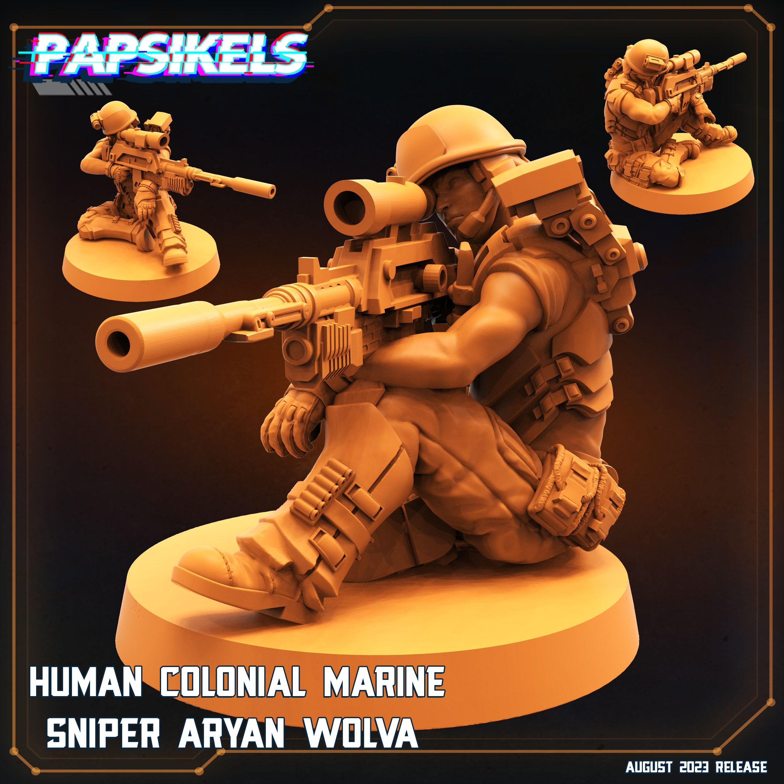 3D Printed Papsikels August 2023 - Xenowars Genesis Human Colonial Marine Sniper Aryan Wolva 28mm 32mm