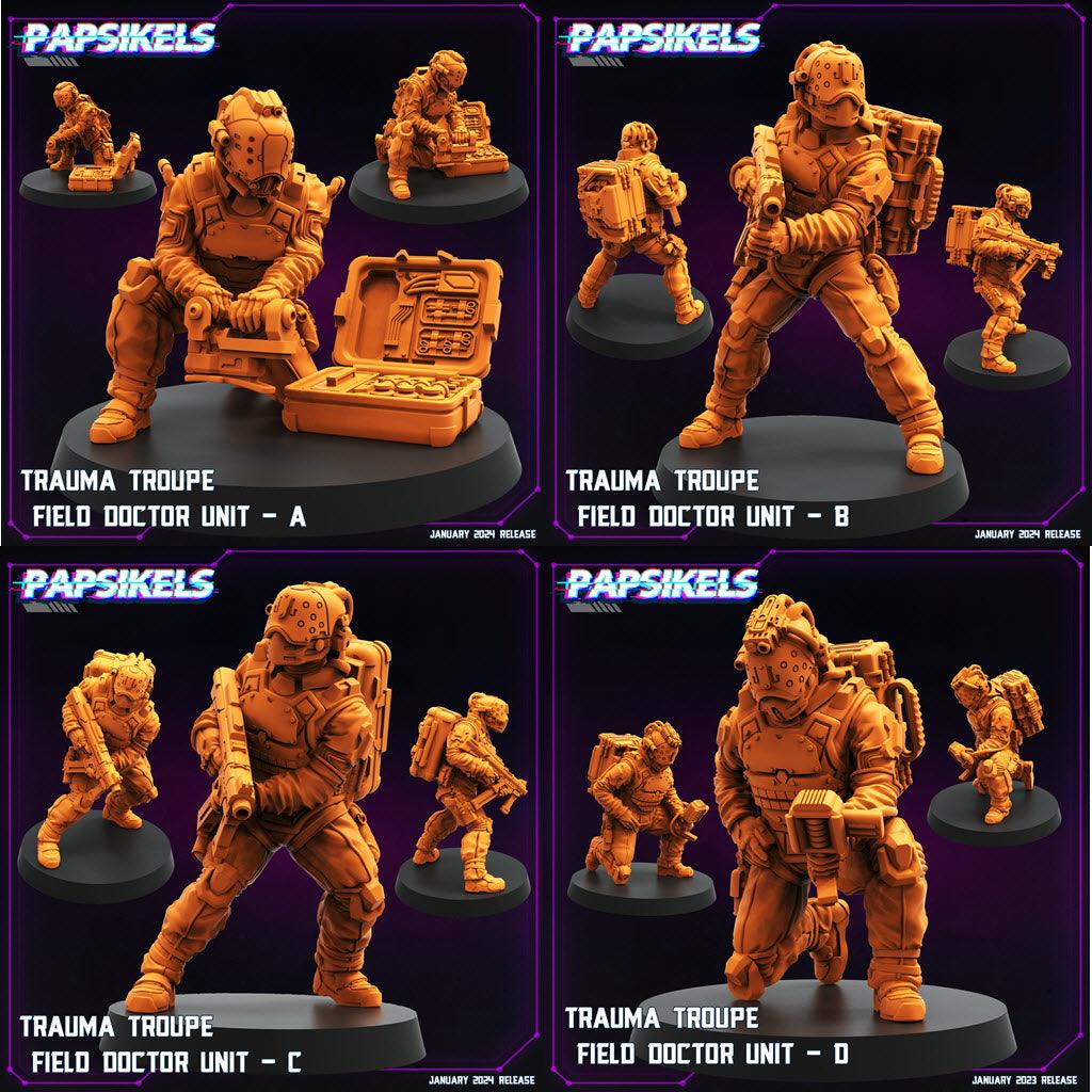 3D Printed Papsikels Trauma Troupe Field Doctor Unit Set January 2024 Cyberpunk 28mm 32mm